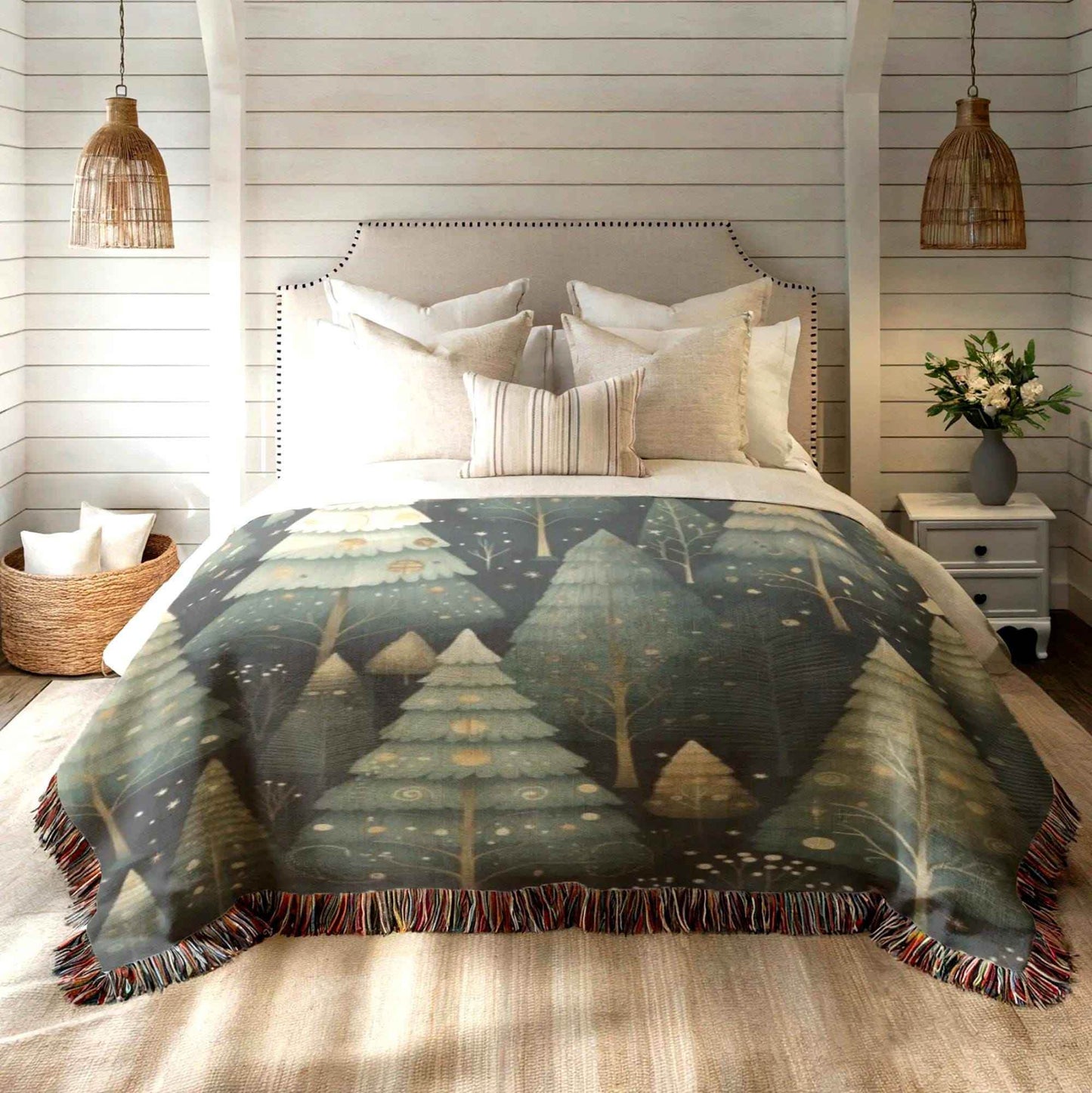 Festive Forest Blanket – Woven Cotton Throw with Xmas Tree Design, Cozy Winter Cover - timelessbohochic.com