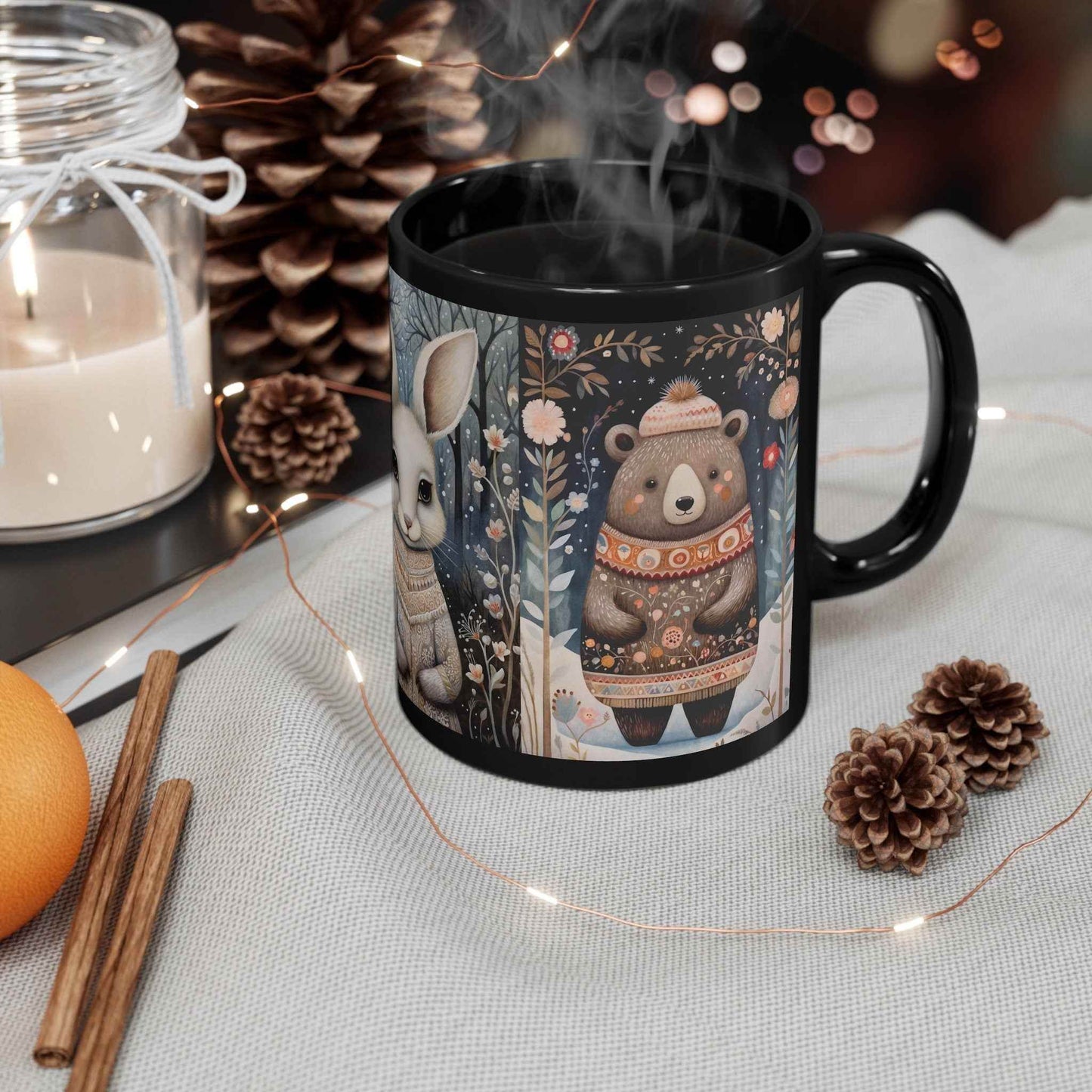 Scandinavian Folk Art Mug – Vintage Woodland Animals Ceramic Coffee Cup | Cozy Hygge Gift - timelessbohochic.com