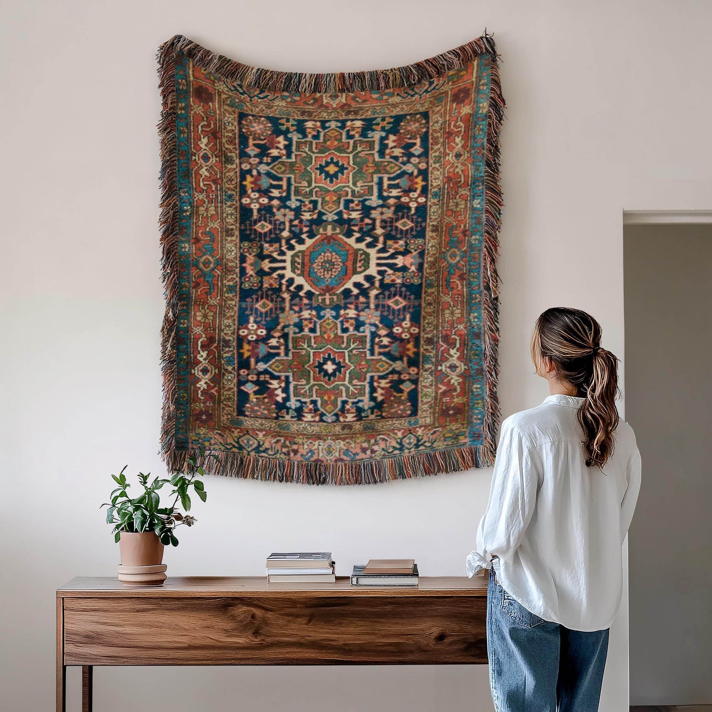 Turkish Rug Tapestry - Large Woven Cotton Textile Wall Hanging with Vibrant Fringed Edges - timelessbohochic.com