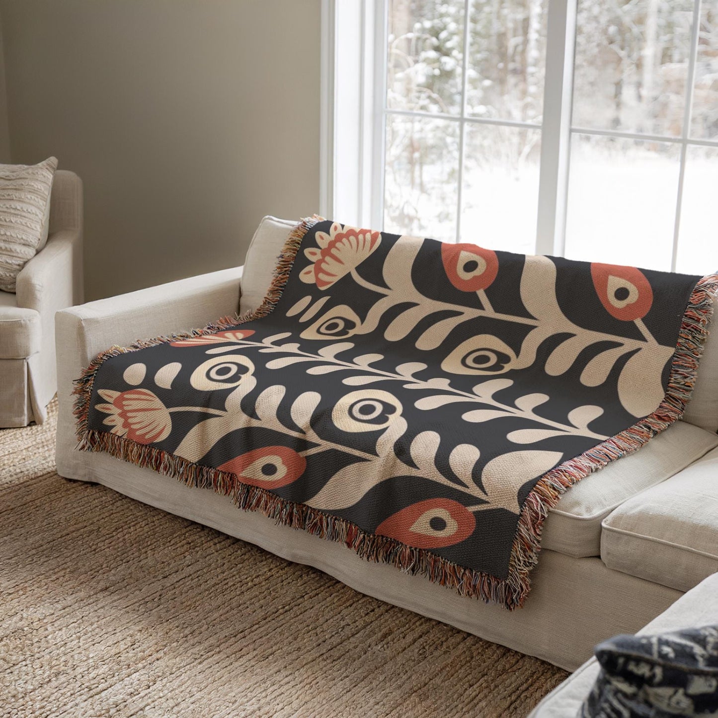 Floral Bouquet Blanket - Matisse Inspired Cotton Woven Throw with Colorful Fringed Edges