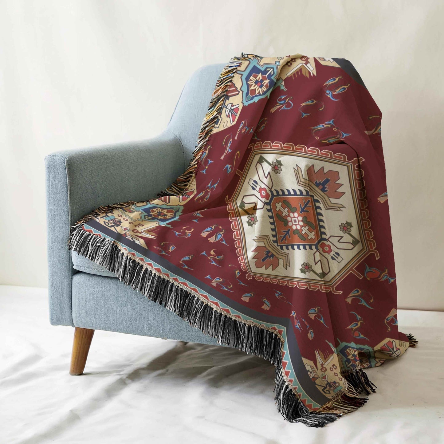 Anatolian Throw Blanket – Ethnic Woven Cotton Couch Cover with Armenian Alphabet - timelessbohochic.com