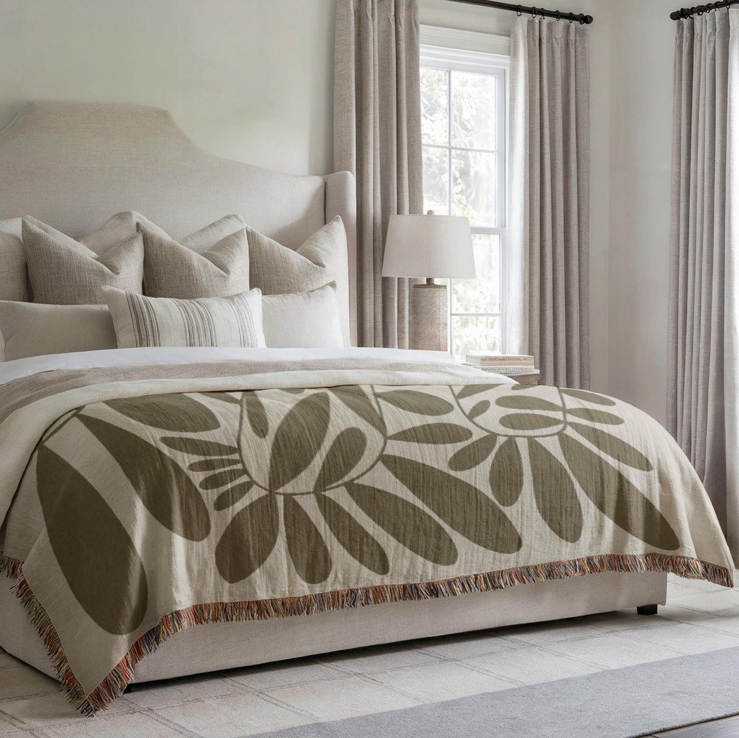 Woven Bedroom Blanket - Mid Century Modern Throw With Scandi Leaves Pattern | Cozy Home Decor