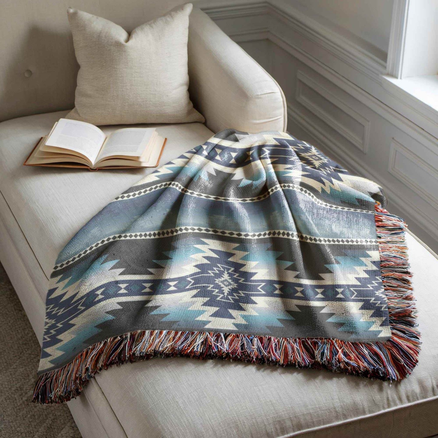 Native American Tribal Blanket - Cozy Cotton Woven Throw with Fringed Edges - timelessbohochic.com