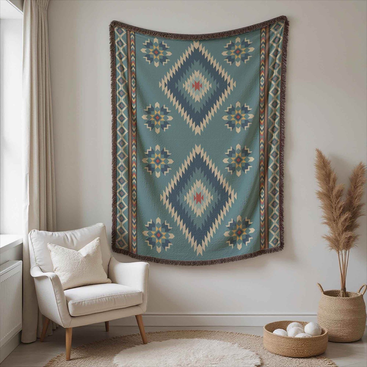 Navajo Wall Tapestry - Rustic Cotton Boho Patio Blanket with Colorful Fringed Edges - timelessbohochic.com