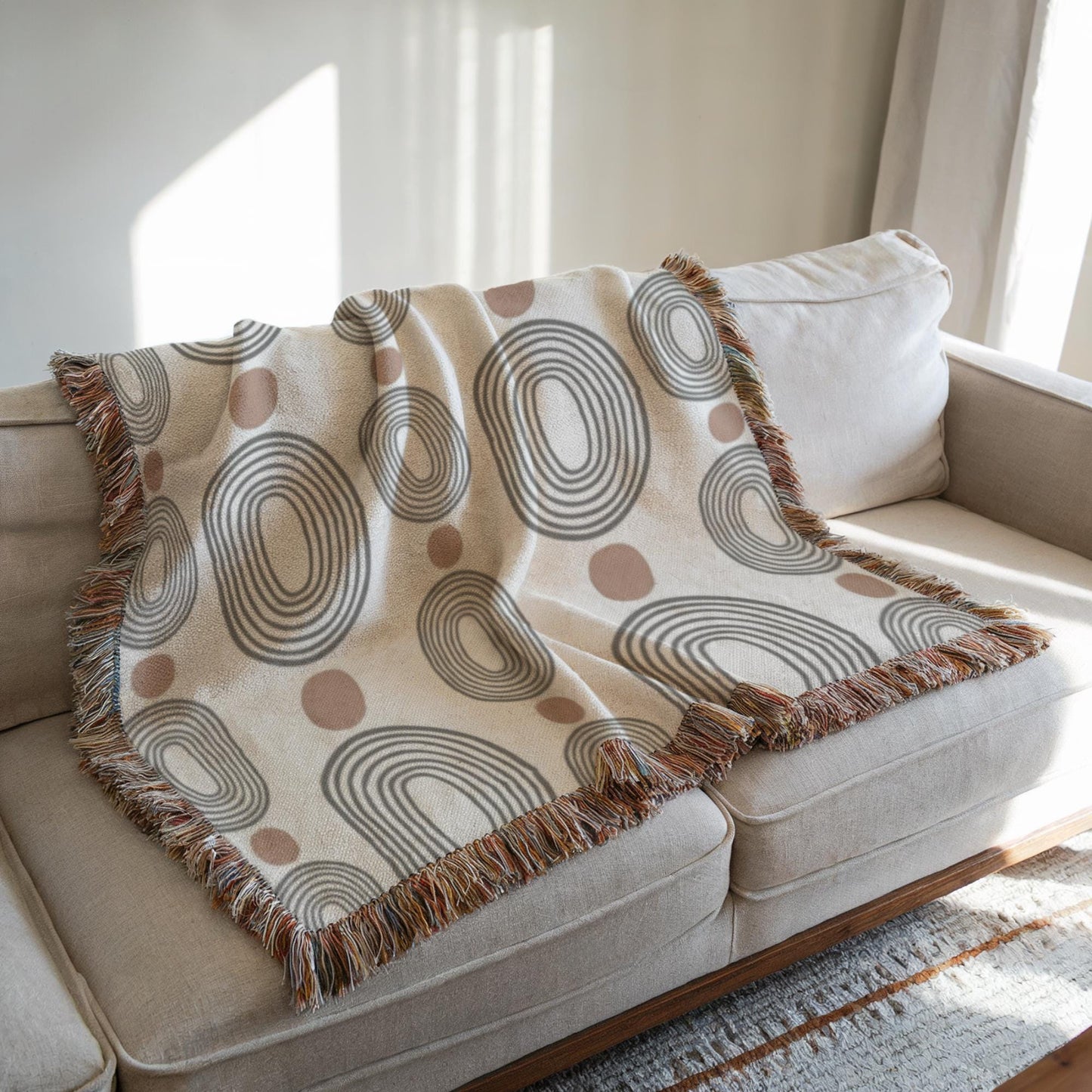 Woven Blanket - Black Oval Rust Dots Throw | Cozy Cotton Coverlet, Modern MCM Decor