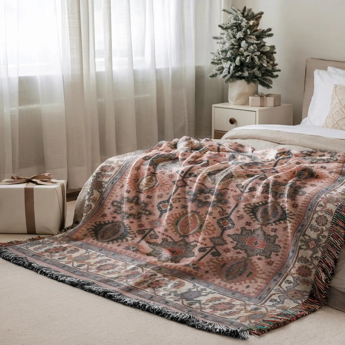 Anatolian Rug Blanket – Boho Decor Throw with Fringed Edge, Cozy Sofa Accent