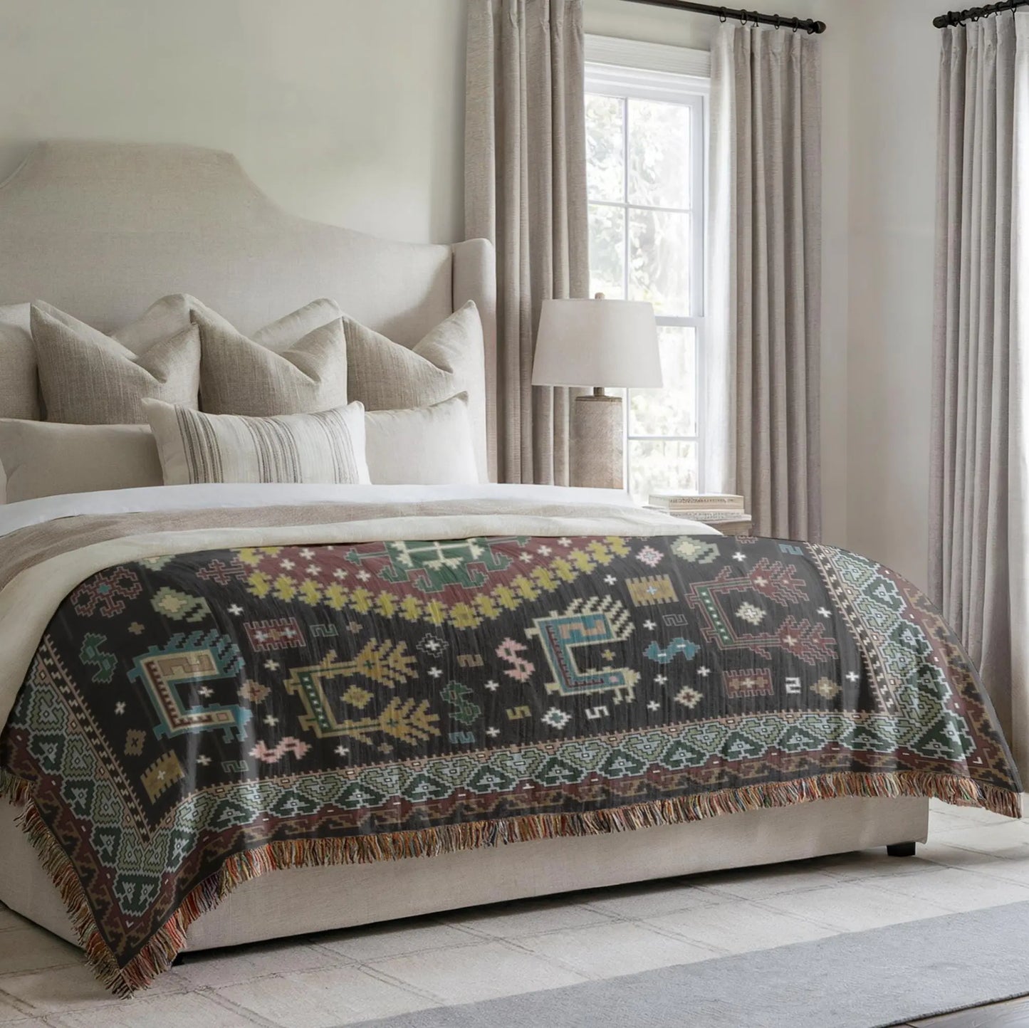 Bohemian Throw Blanket - Woven Cotton Caucasian Rug with Colorful Fringed Edges