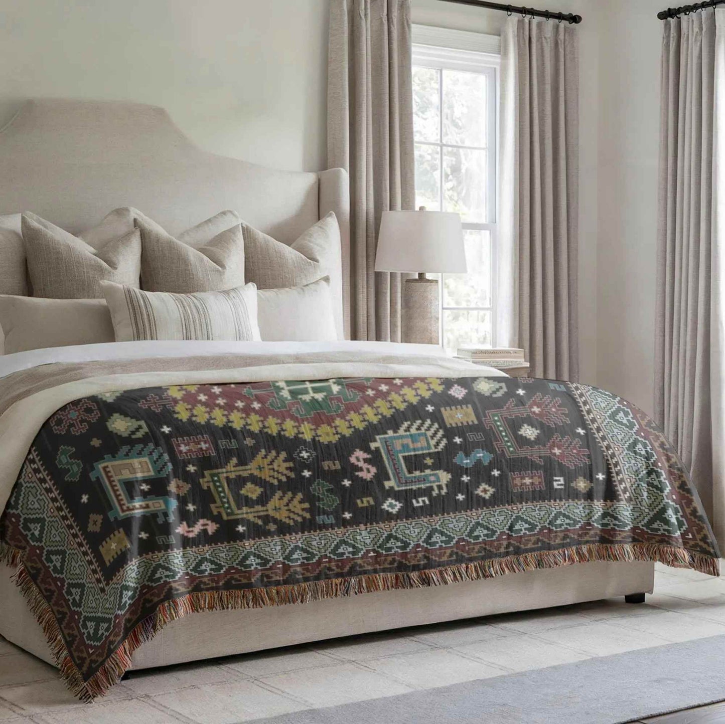 Bohemian Throw Blanket - Woven Cotton Caucasian Rug with Colorful Fringed Edges - timelessbohochic.com