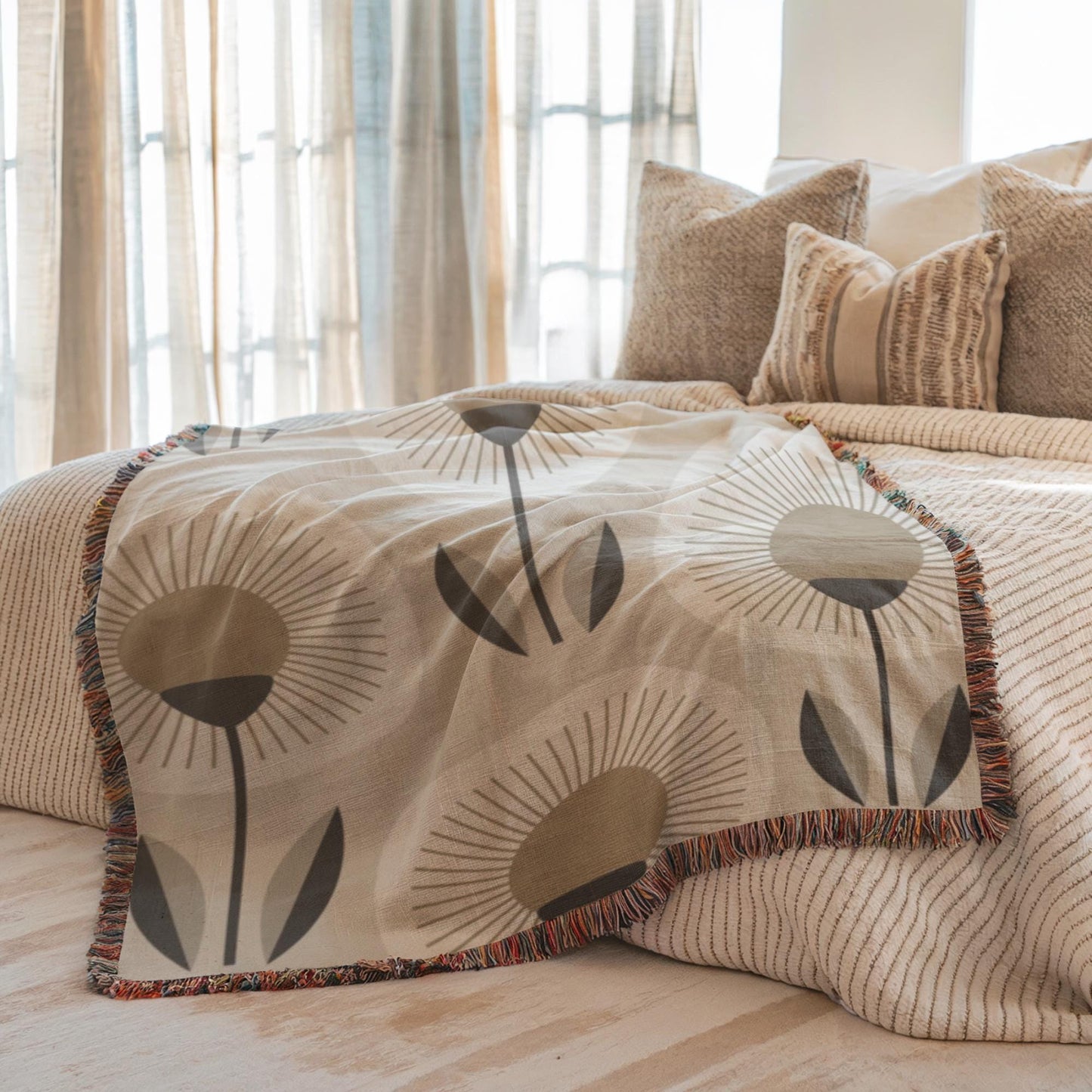 Cotton Woven Blanket - Floral Throw With Textured Fabric & Fringed Edges