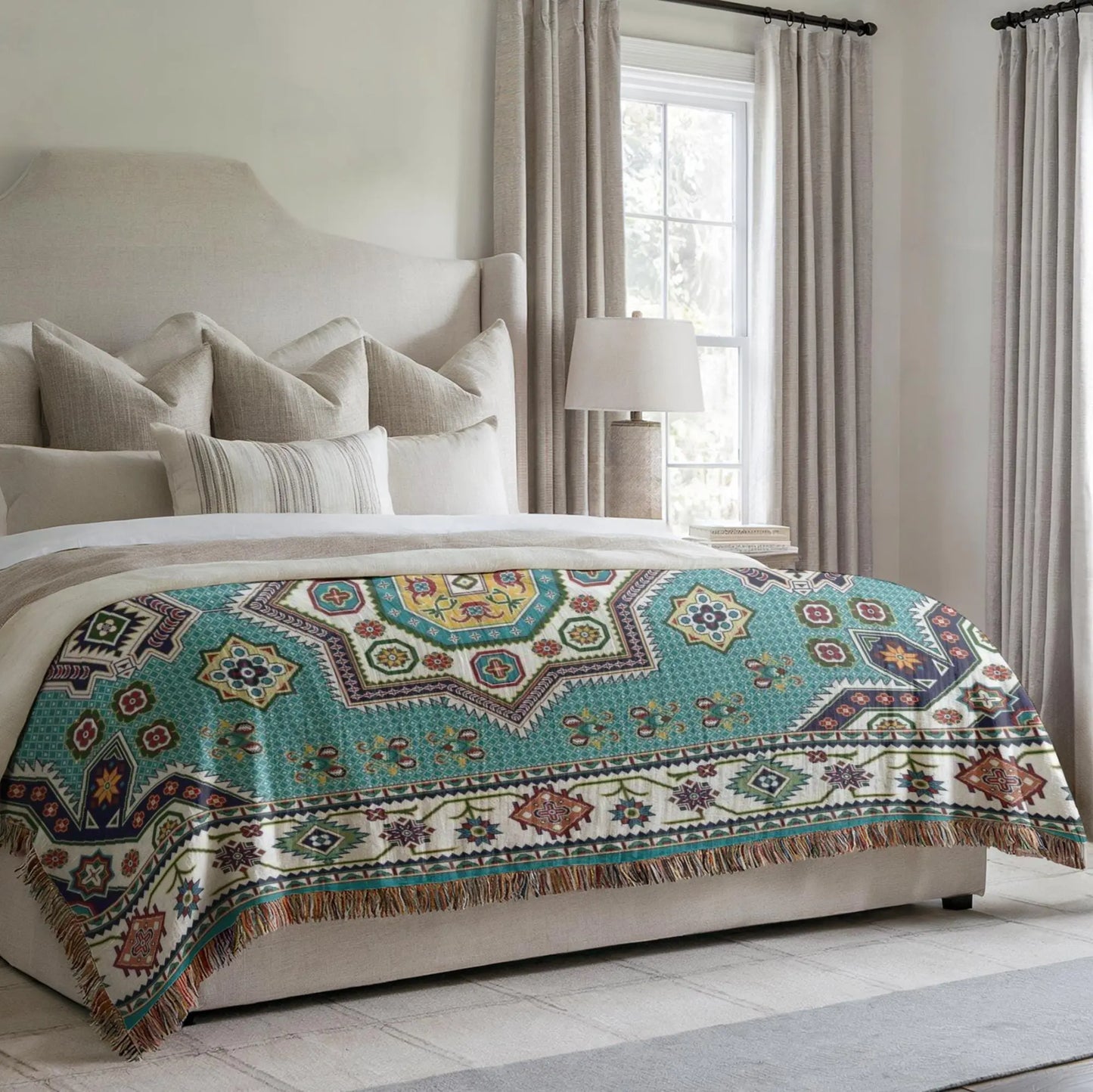 Cotton Throw Blanket - Persian Rug Throw with Pink Green Blanket, Boho Woven Bedspread