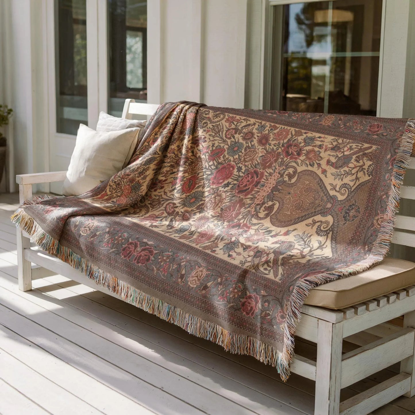 Persian Vase Woven Wall - Cotton Throw Blanket With Colorful Fringed Edges