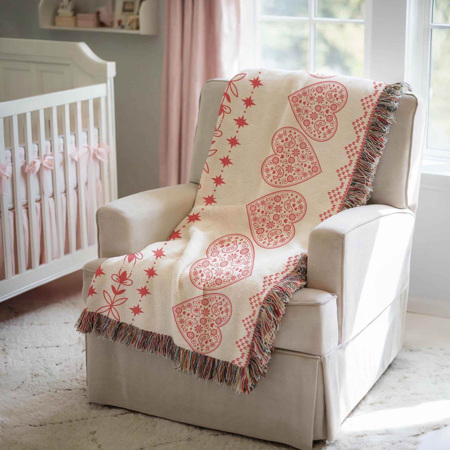 Cotton Throw Blanket - Scandinavian Throw with Red Hearts Design | Soft Cozy Decor - timelessbohochic.com
