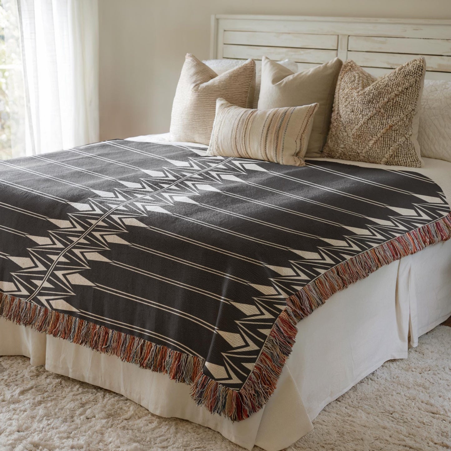 Cotton Bedding Throw - Modern Bedroom Decor | Geometric Bedspread & Boho Chic Woven Coverlet