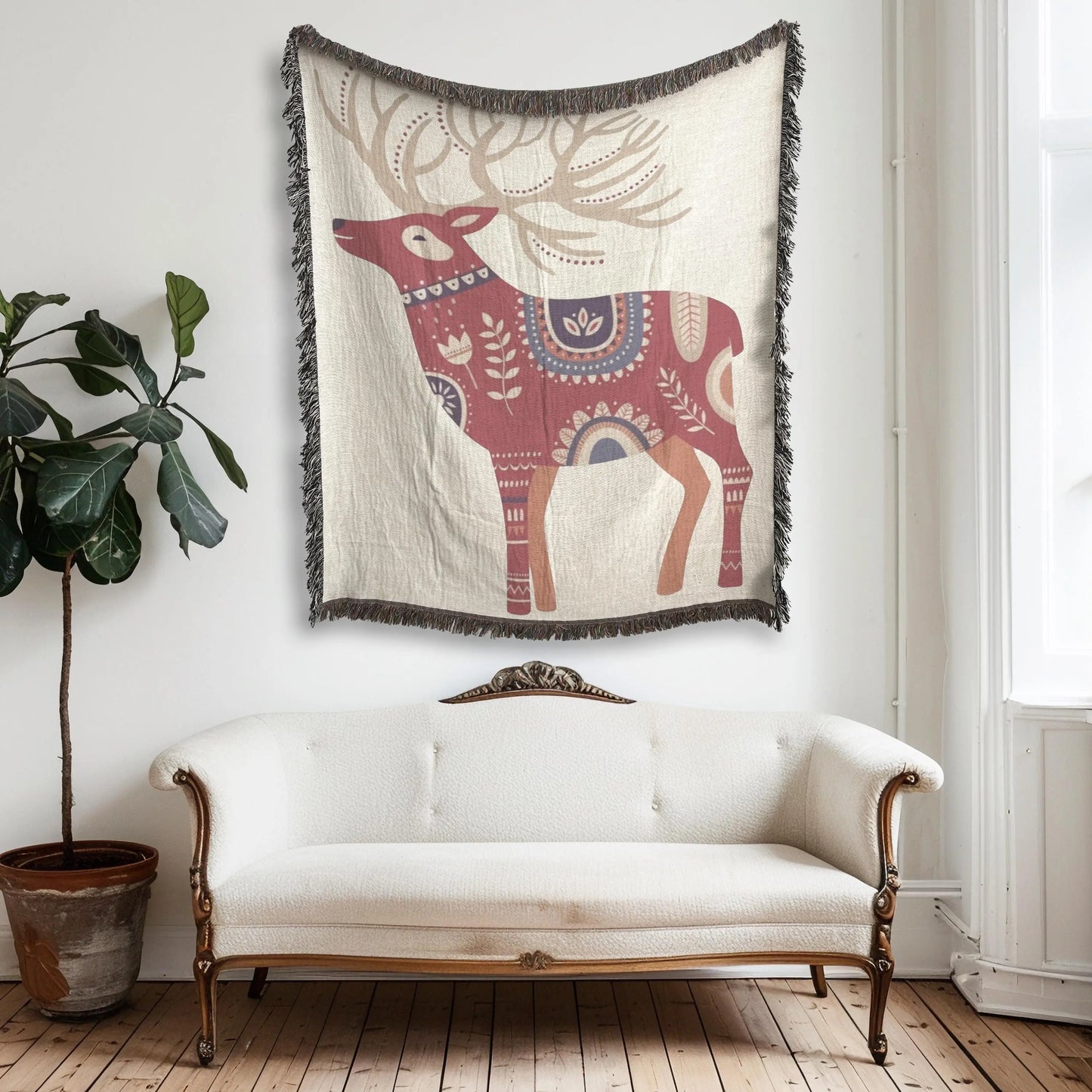 Dala Reindeer Blanket – Scandinavian Throw Woven Cotton Blanket for Cozy Nordic Bedspread
