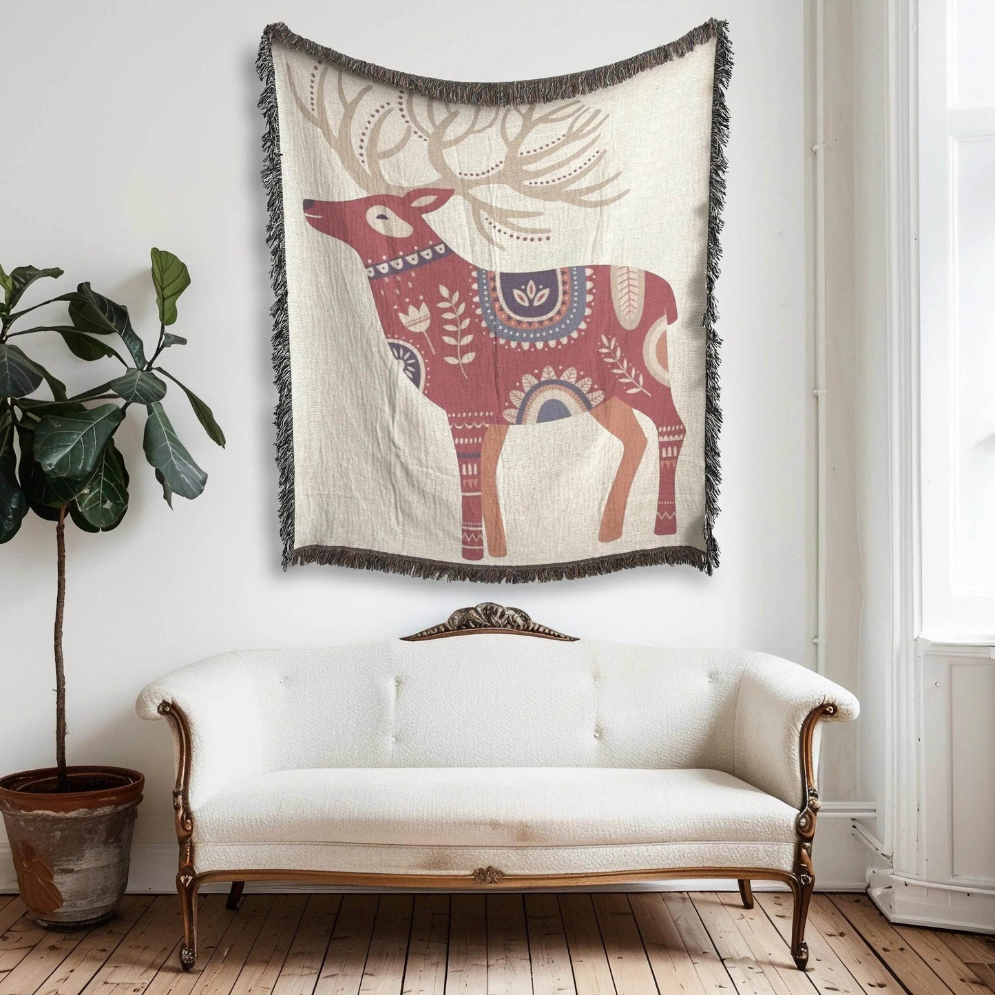 Dala Reindeer Blanket – Scandinavian Throw Woven Cotton Blanket for Cozy Nordic Bedspread - timelessbohochic.com