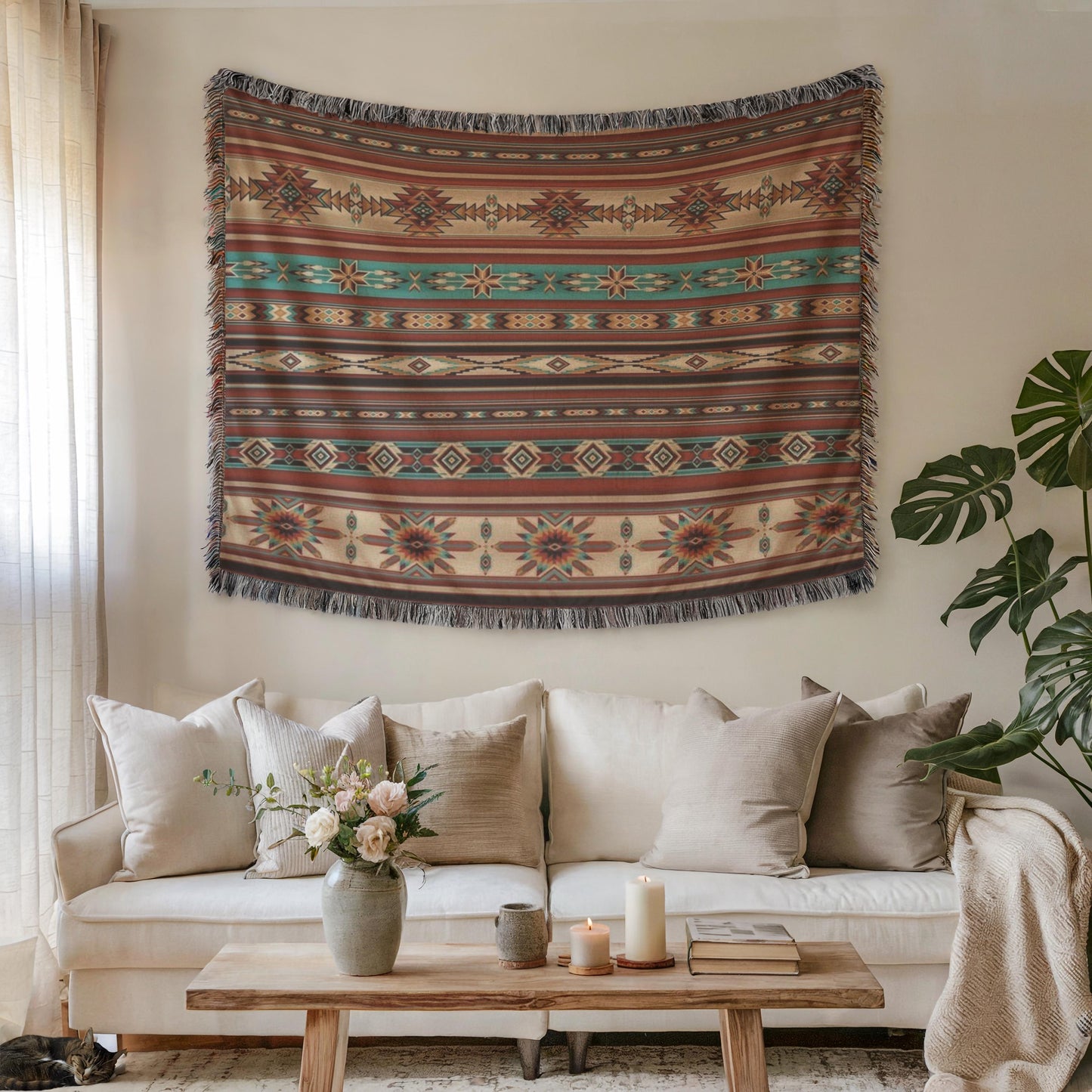 Navajo Pattern Tapestry - Southwestern Woven Wall Hanging with Colorful Fringes