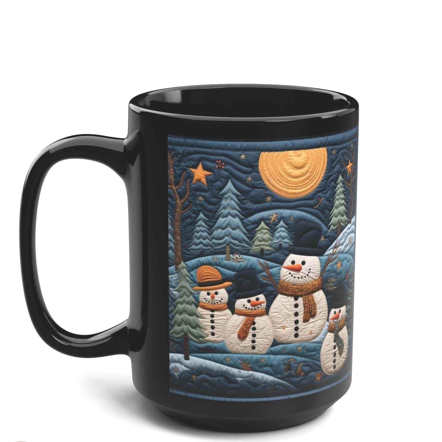 Chai Latte Mug - Black Ceramic Mug with Snowmen & Trees | 15 Ounce Glossy Finish - timelessbohochic.com