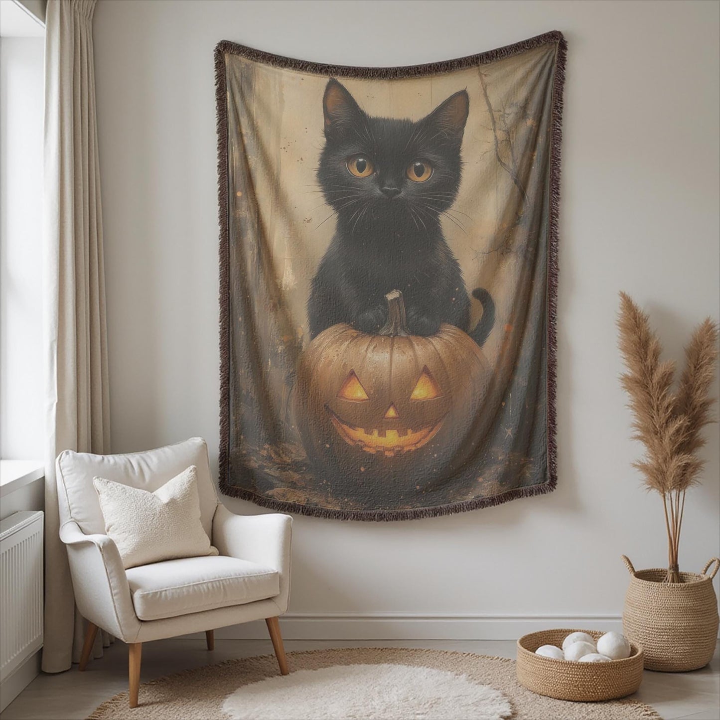 Halloween Woven Tapestry - Cozy Cotton Throw With Cat Pumpkin Design & Fringed Edges