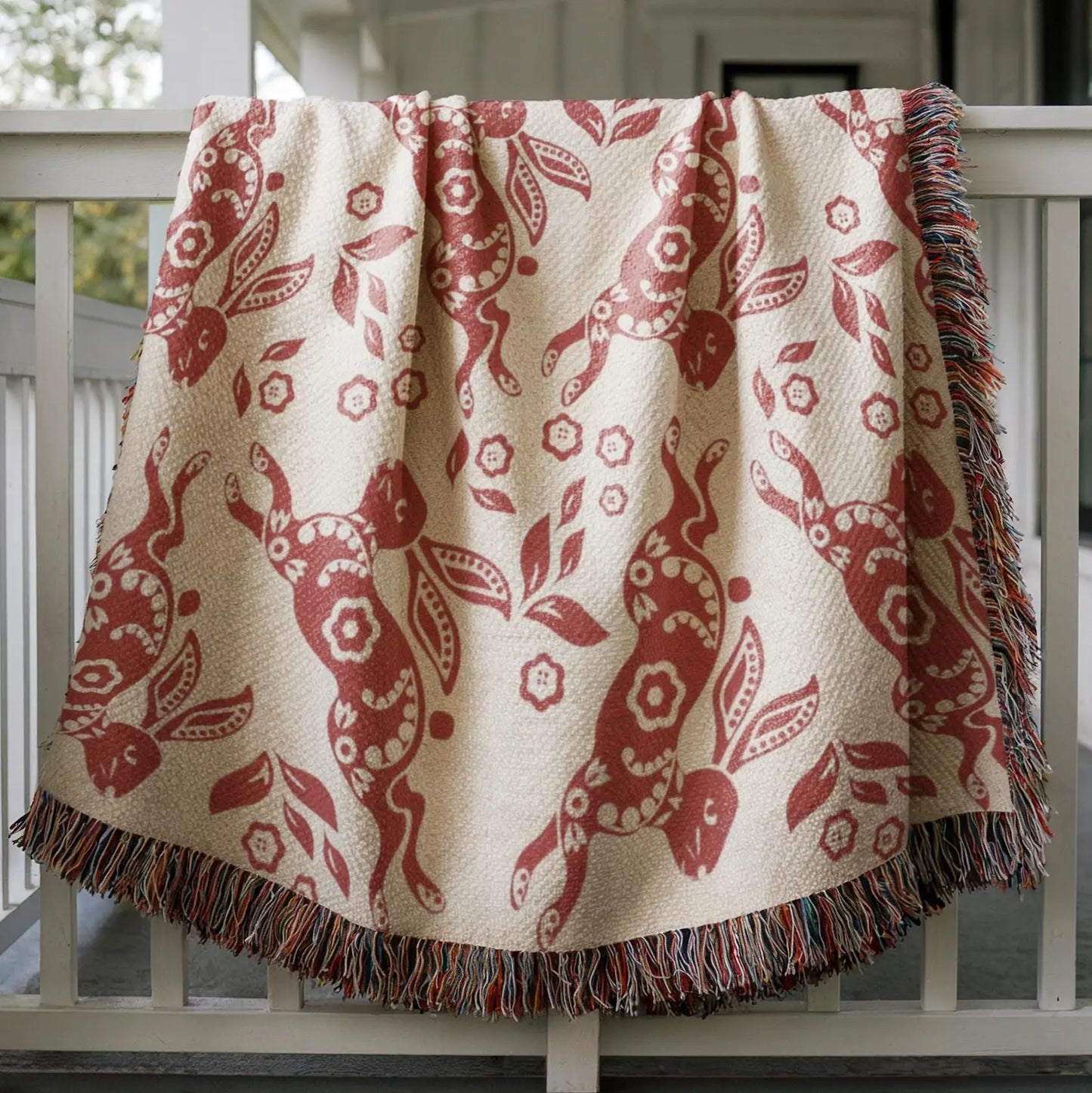 Nordic Cotton Throw – Cozy Boho Sofa Blanket With Dala Bunny Design & Lightweight Picnic Wrap