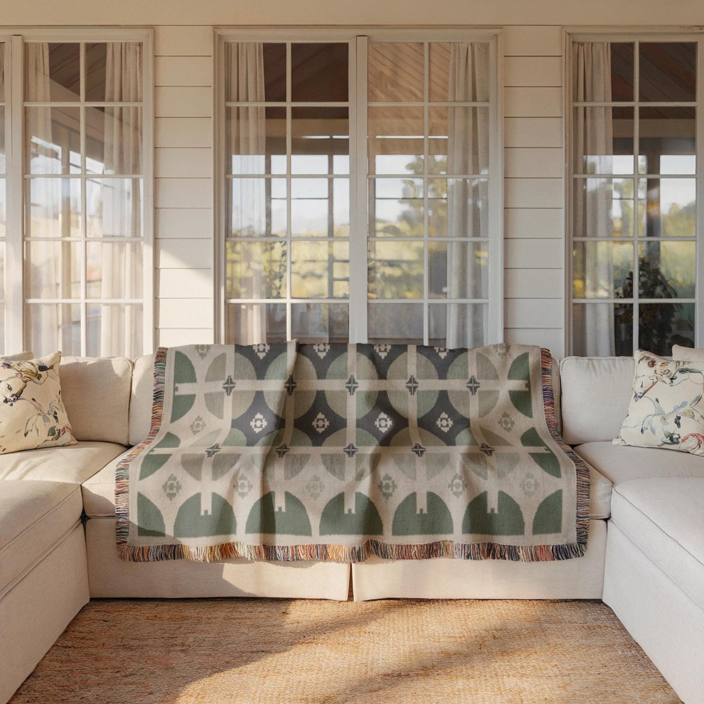 Modern Throw Blanket Set - Mid Century Bedding With Woven Cotton Throw & Sage Green Pillow