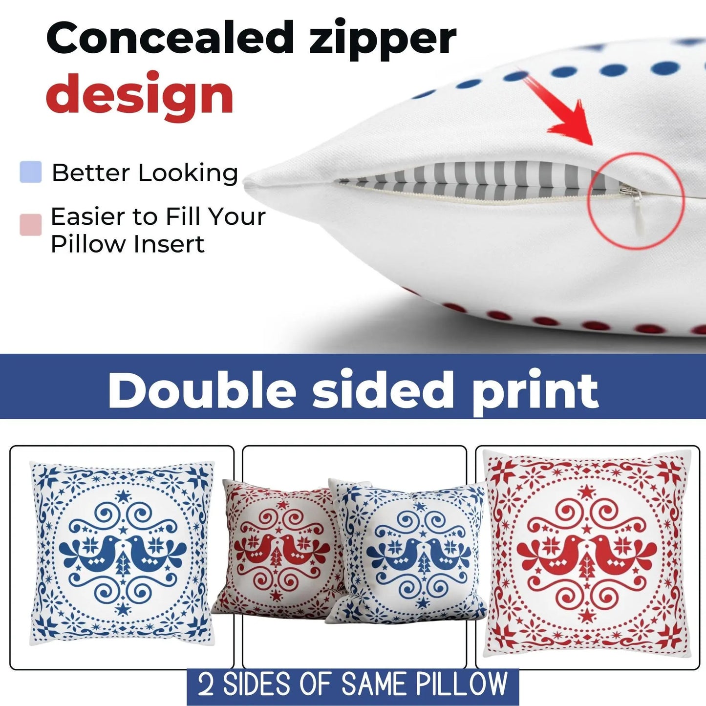Scandinavian Pillowcase - Double Sided Folk Art Bird Throw Pillow Sham | Soft Polyester Fabric