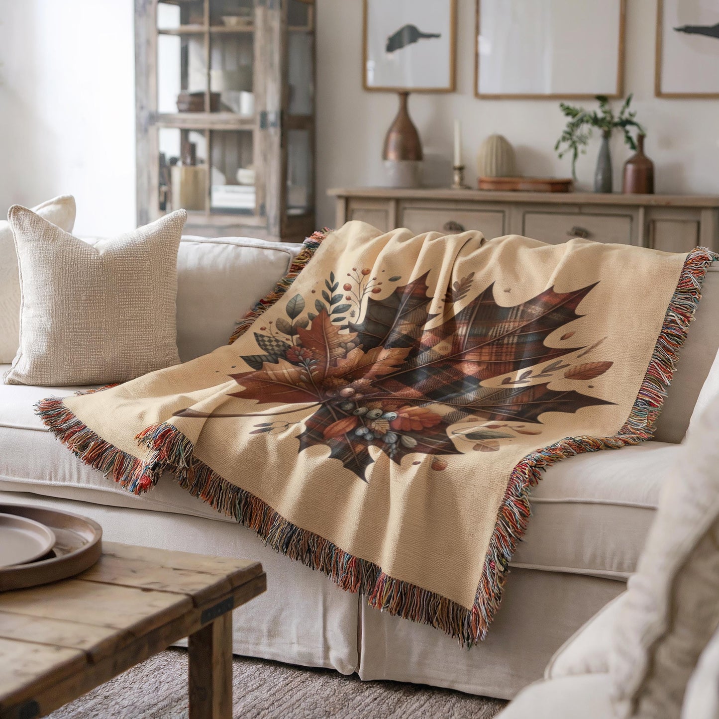 Plaid Fall Blanket – Cozy Cotton Throw with Tartan Leaf Pattern & Fringed Edges
