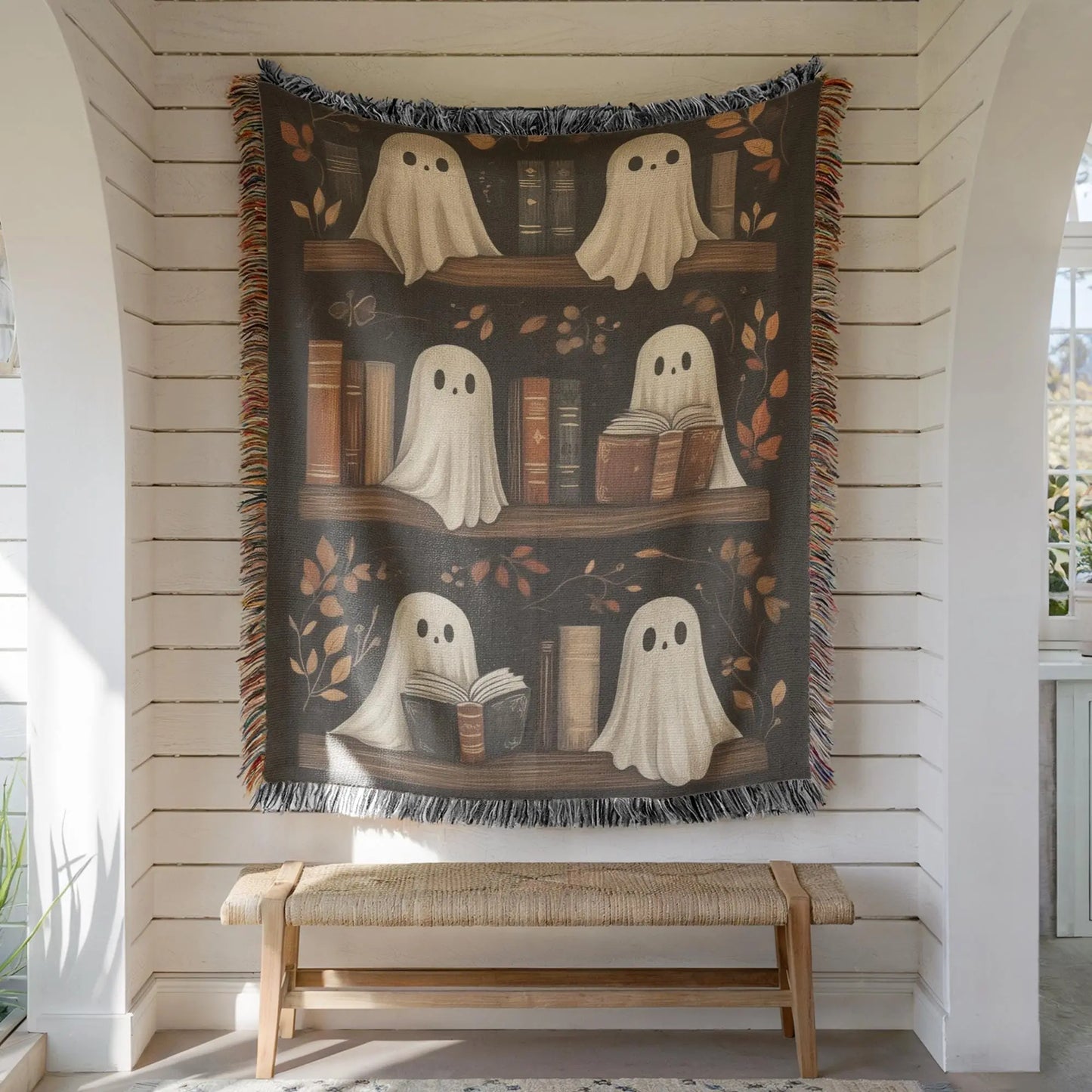 Halloween Tapestry Decor – Spooky Ghost Wall Art | Cozy Cotton Bookshelf Hanging