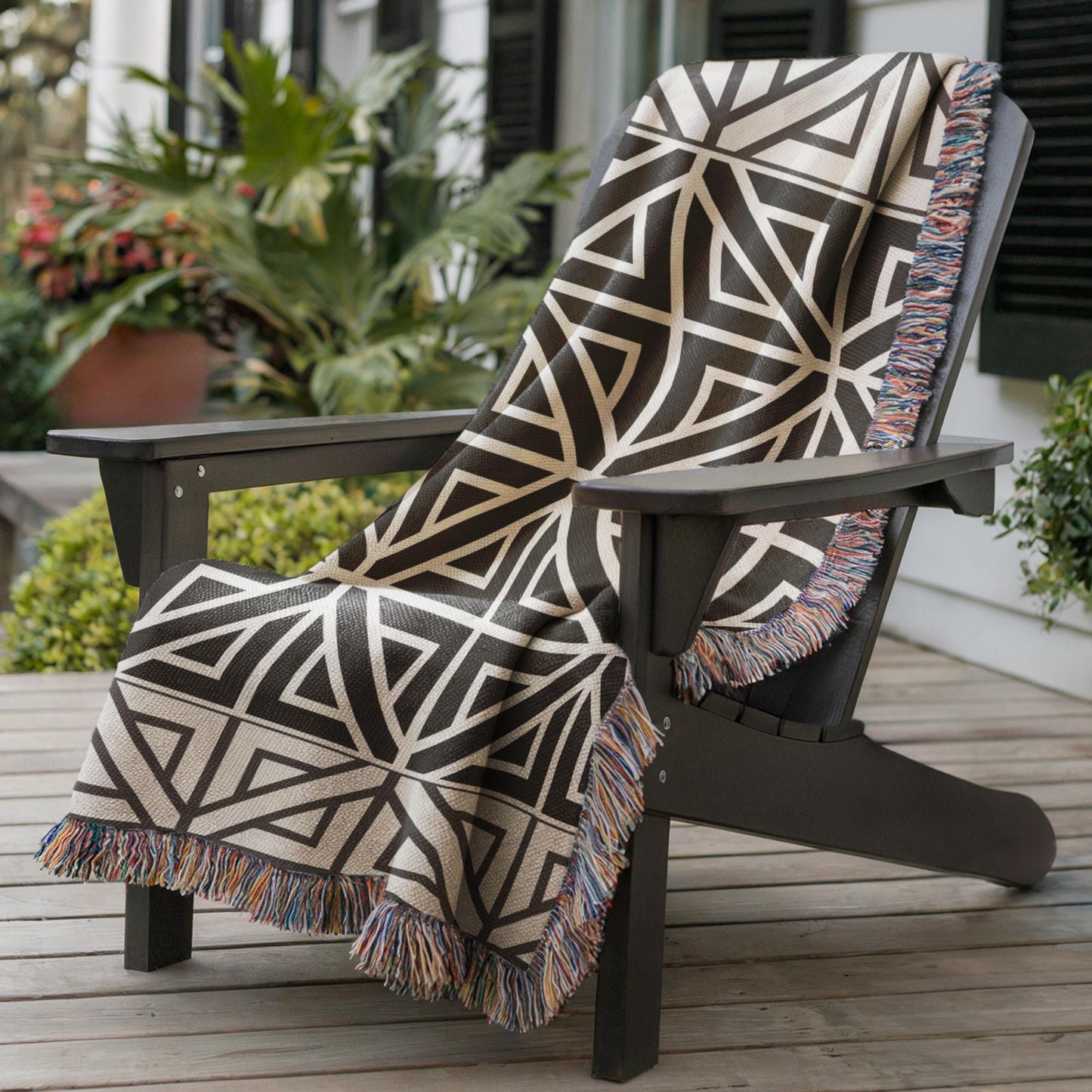 Woven Cotton Blanket - Modern Black White Geometric Pattern Throw With Fringed Edges