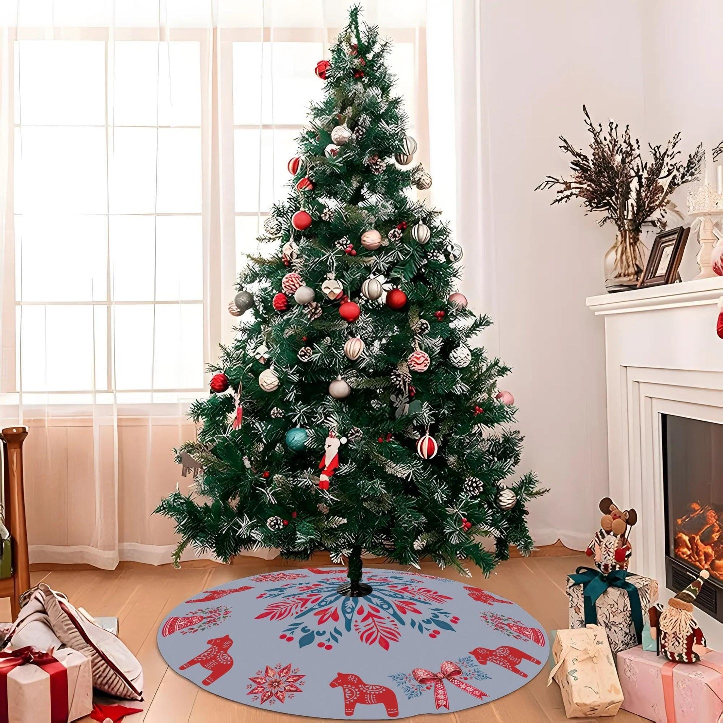 Scandi Christmas Tree Skirt – Nordic Holiday Decor With Dala Horse & Coquette Bow