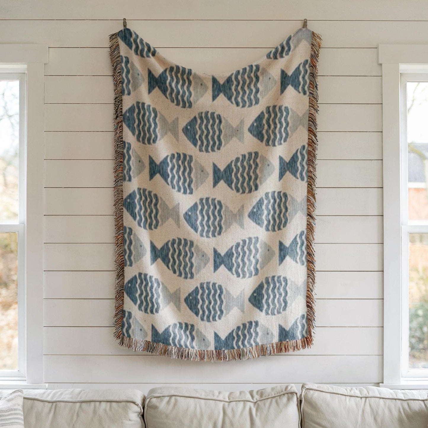 Coastal Boho Throw - Soft Cotton Throw Blanket With Nautical Fish Motif & Fringed Edges