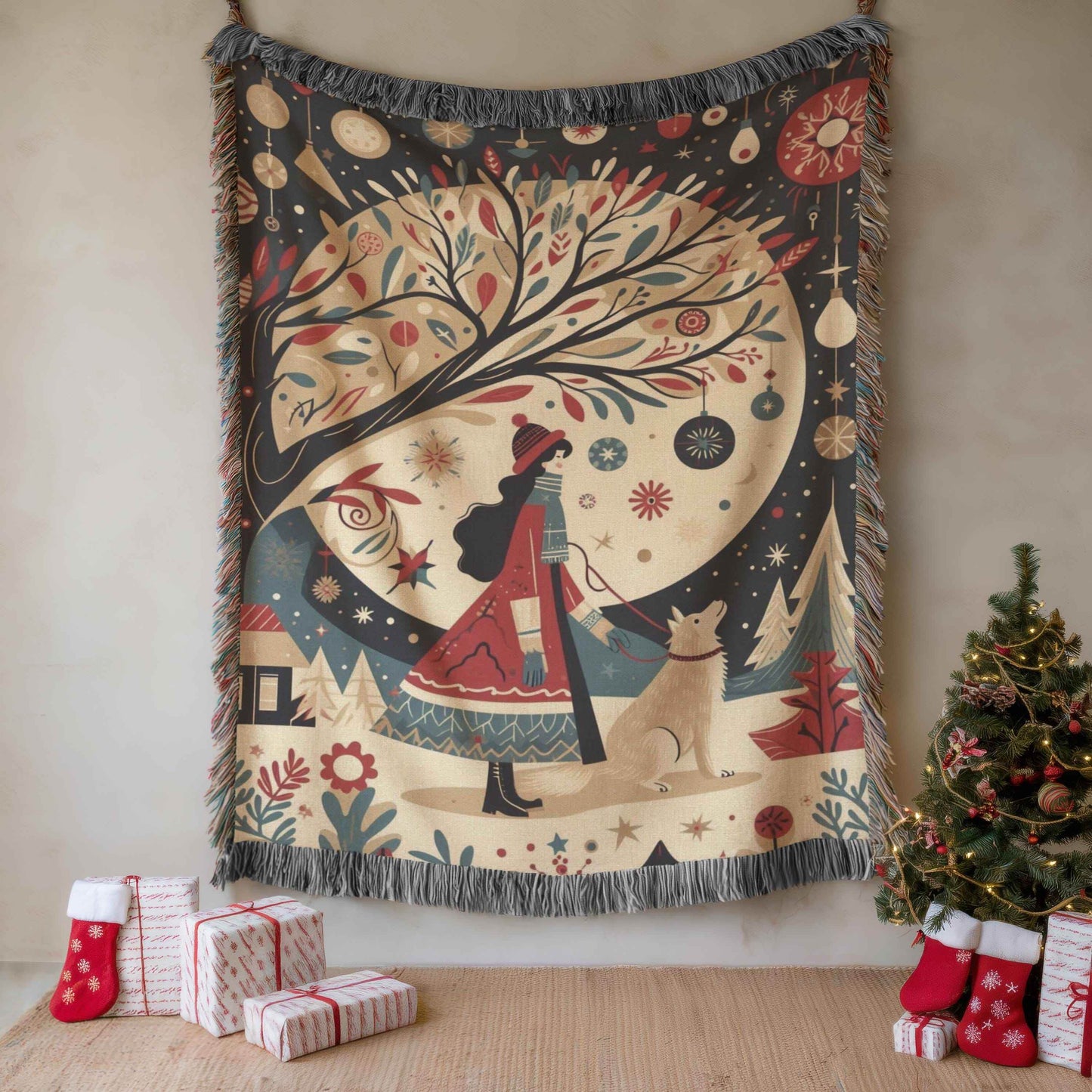 Cozy Christmas Blanket - Woven Cotton Throw With Festive Village Design, Soft Fabric - timelessbohochic.com