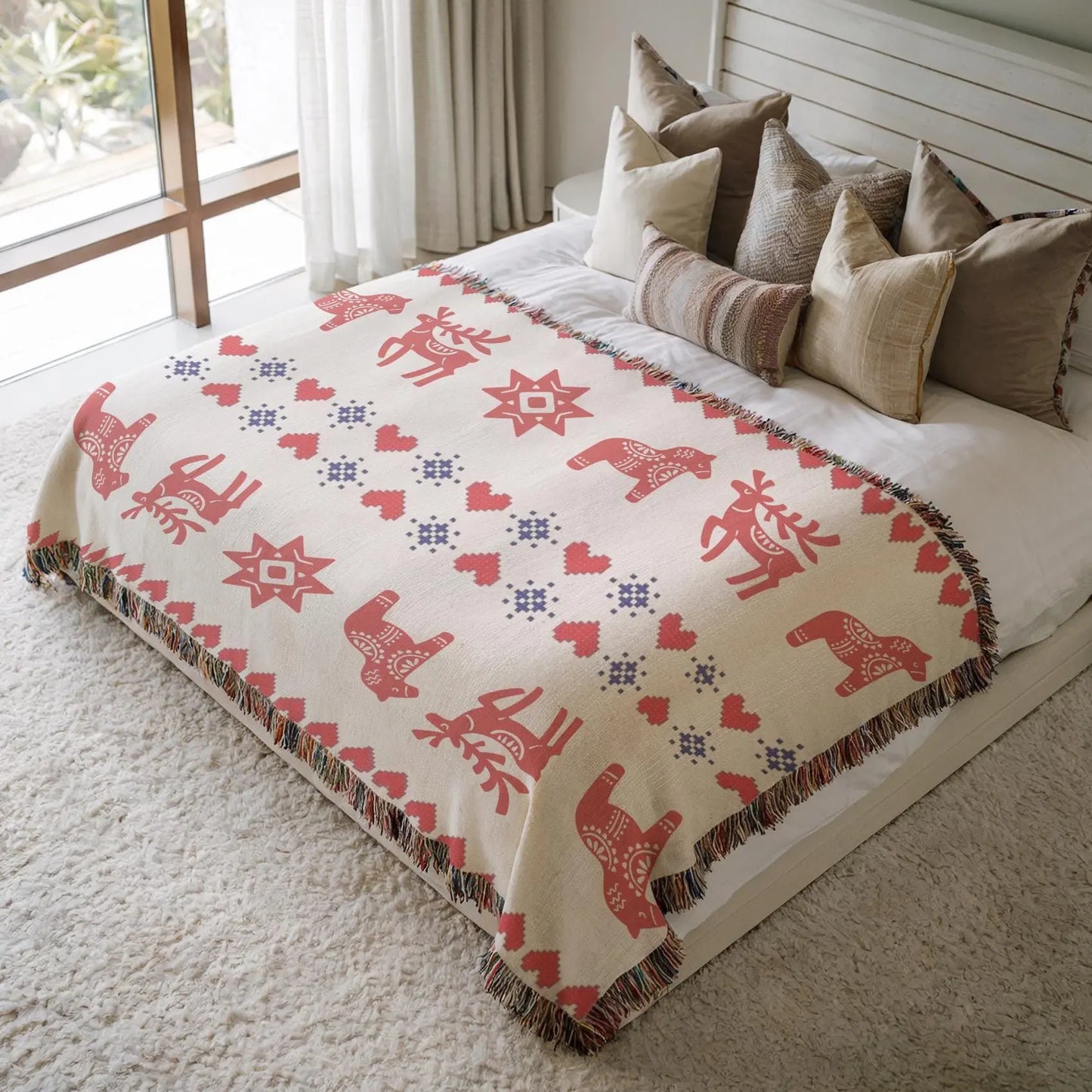 Scandi Woven Blanket – Nordic Cotton Throw With Dala Horse & Reindeer Decor