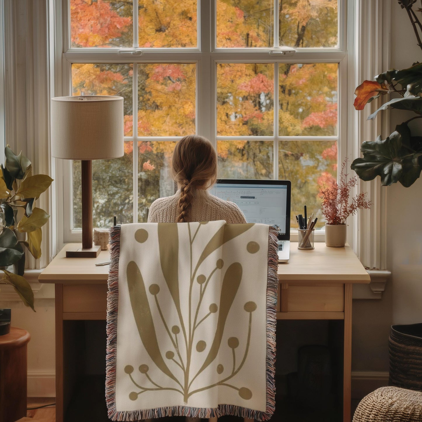 Woven Office Blanket - Mid Century Modern Linden Leaf Cotton Throw with Fringed Edges