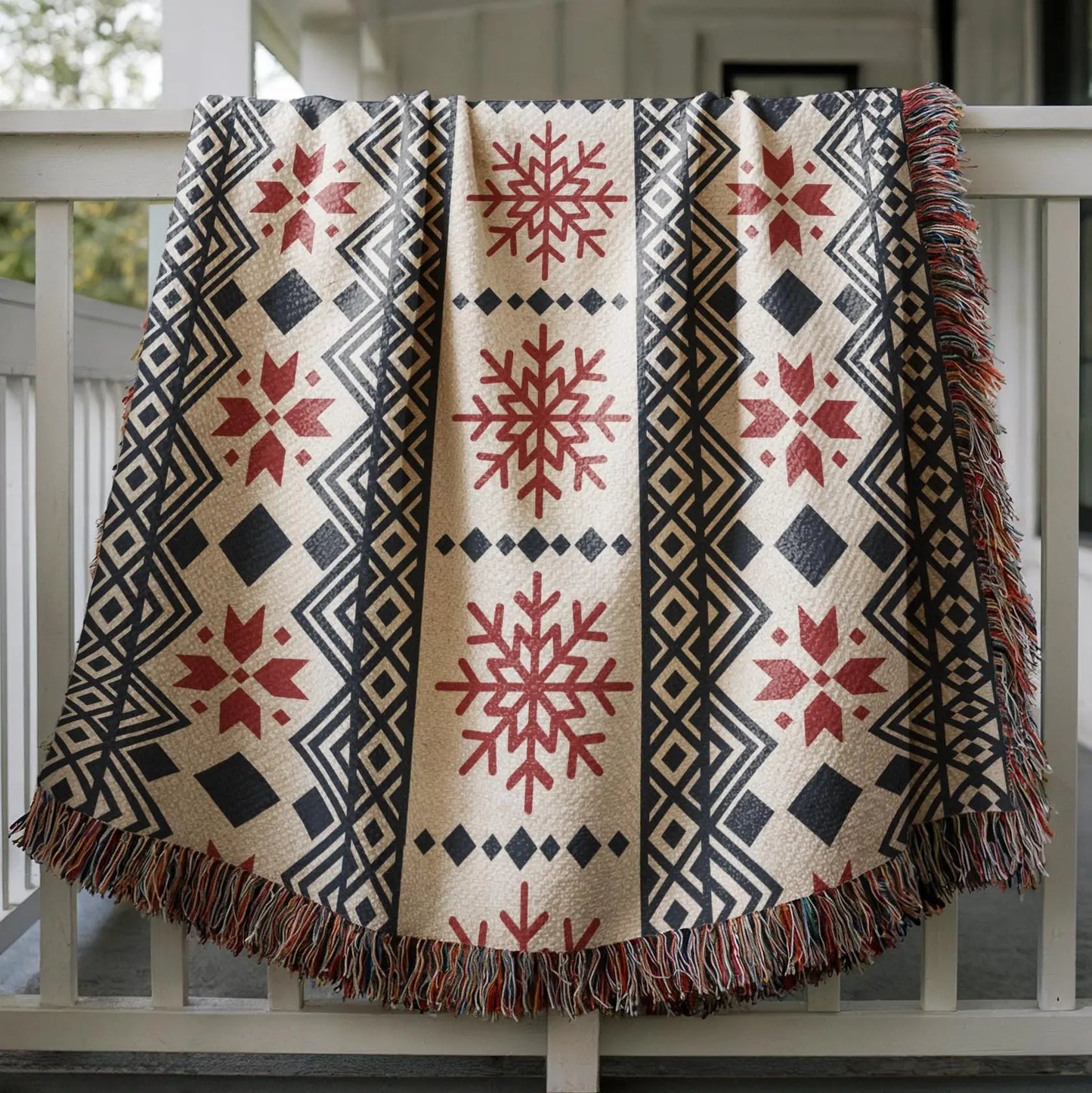 Nordic Snowflake Blanket - Cotton Woven Throw With Red Black Pattern | Cozy Winter Decor