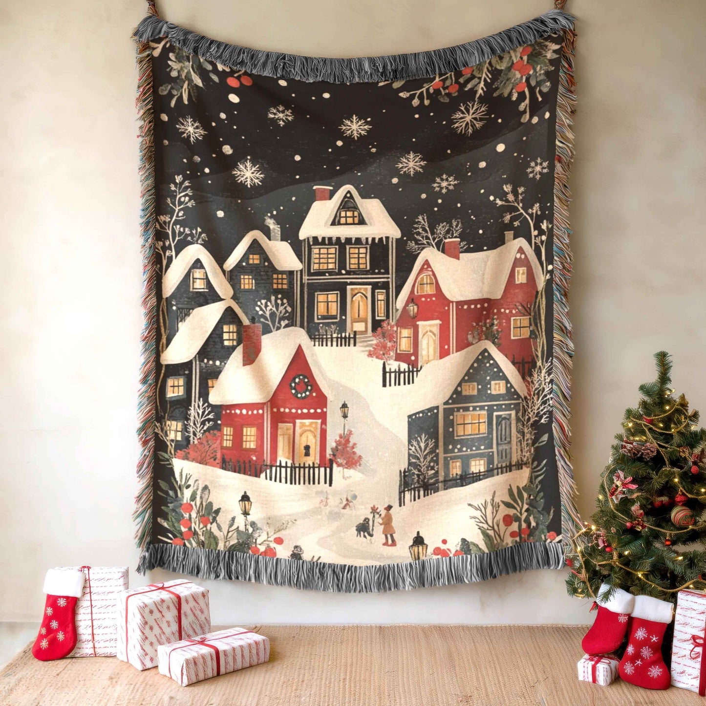 Holiday Cotton Tapestry – Christmas Village Decor | Festive Woven Blanket Throw - timelessbohochic.com