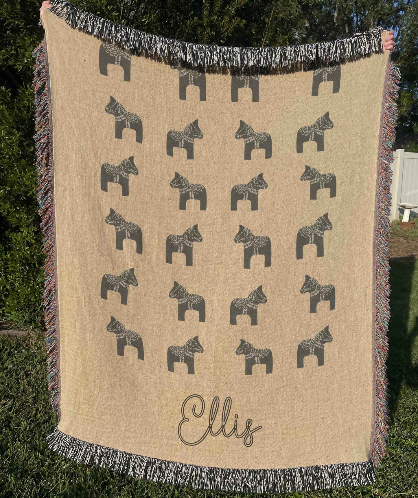 Dala Horse Blanket – Personalized Woven Baby Throw With Colorful Fringed Edges - timelessbohochic.com