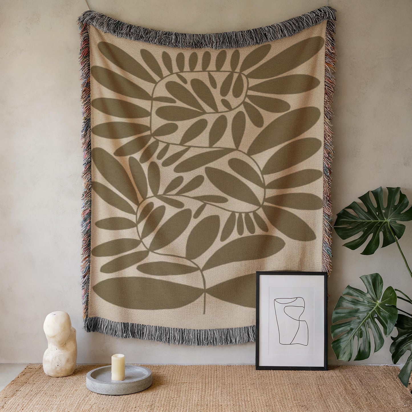 Mid Century Modern Tapestry – Scandi Woven Wall Hanging With Leaves Pattern