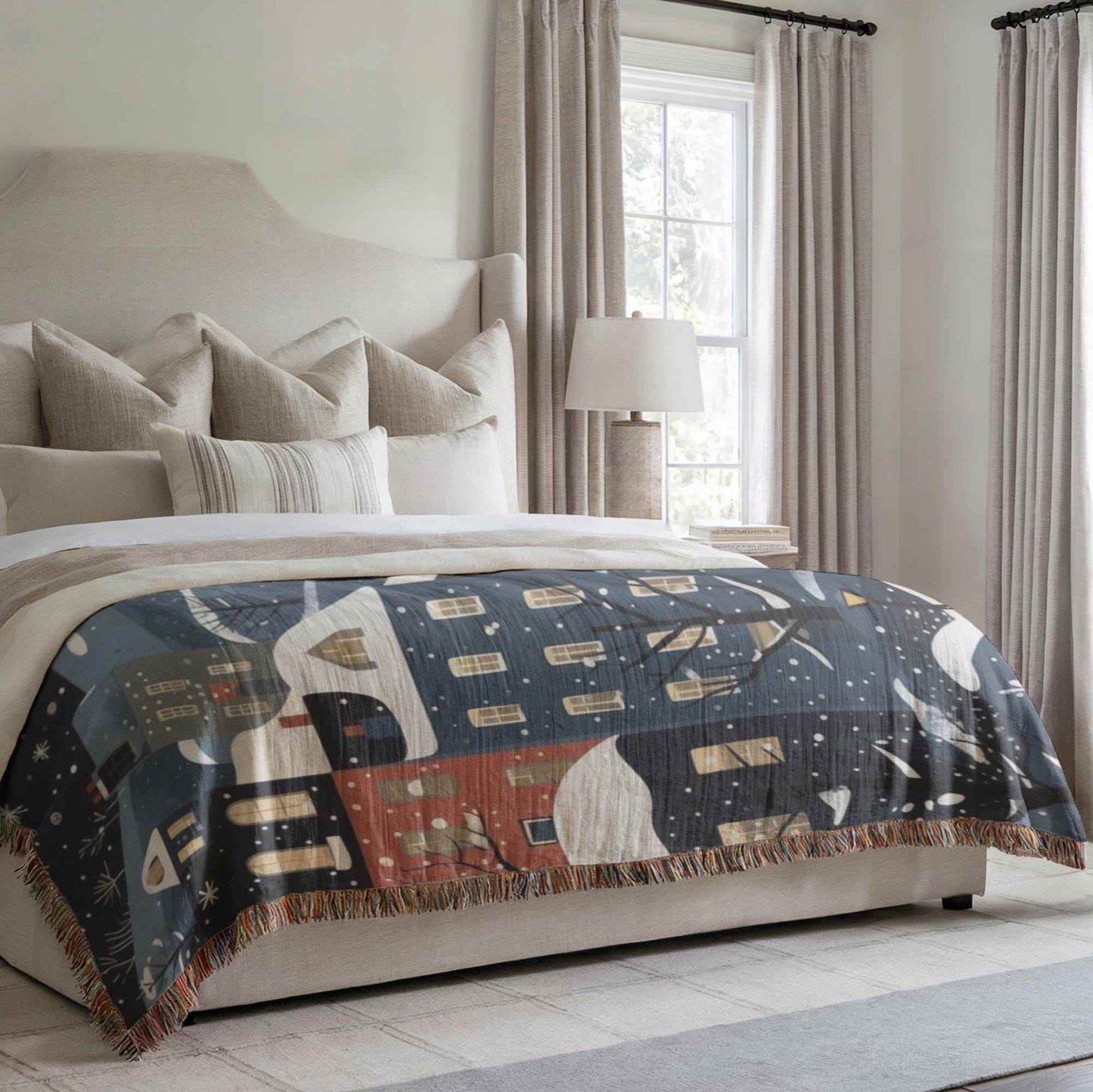 Xmas Village Throw Blanket – Cozy Cotton Woven Holiday Decor with Fringed Edges - timelessbohochic.com