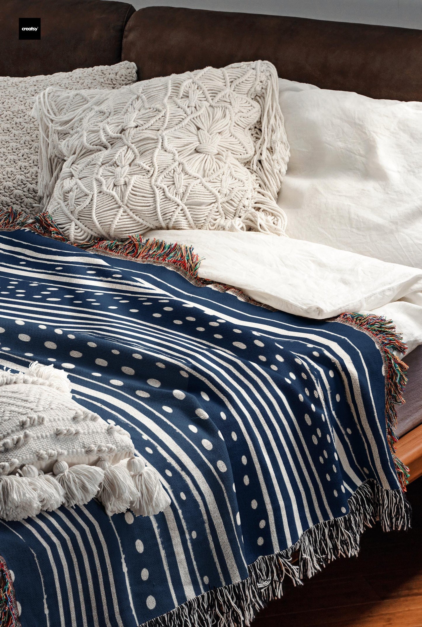 Cotton Throw Blanket – Woven Couch Throw With Blue & White Dots Pattern