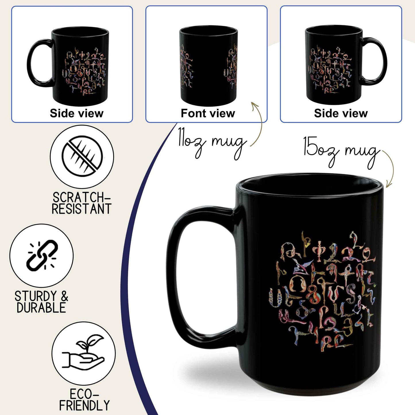 Armenian Alphabet Mug - Black Ceramic Coffee Cup With Bird Motif Design - timelessbohochic.com