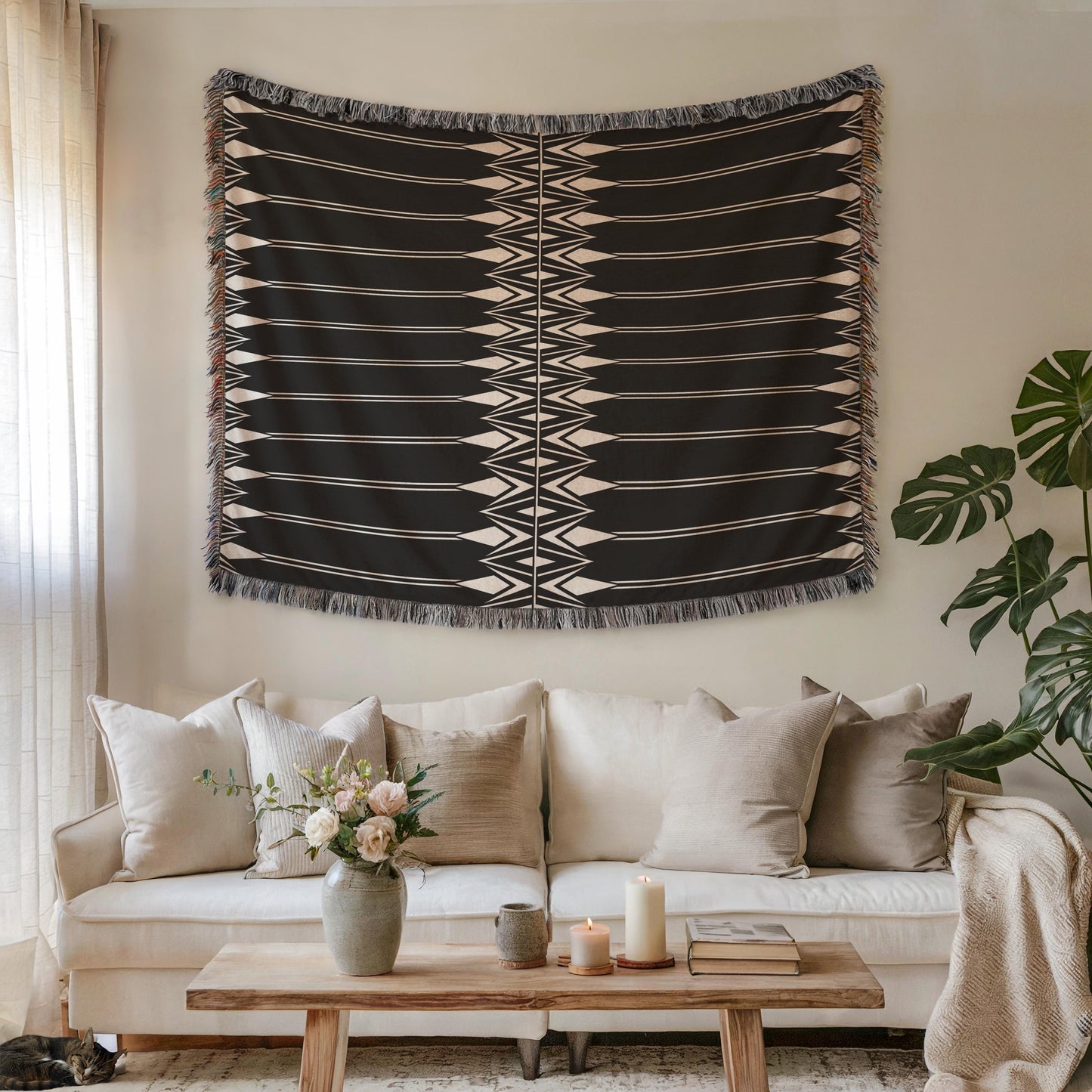 Black White Tapestry – Modern Wall Art Boho Hanging with Geometric Cotton Coverlet