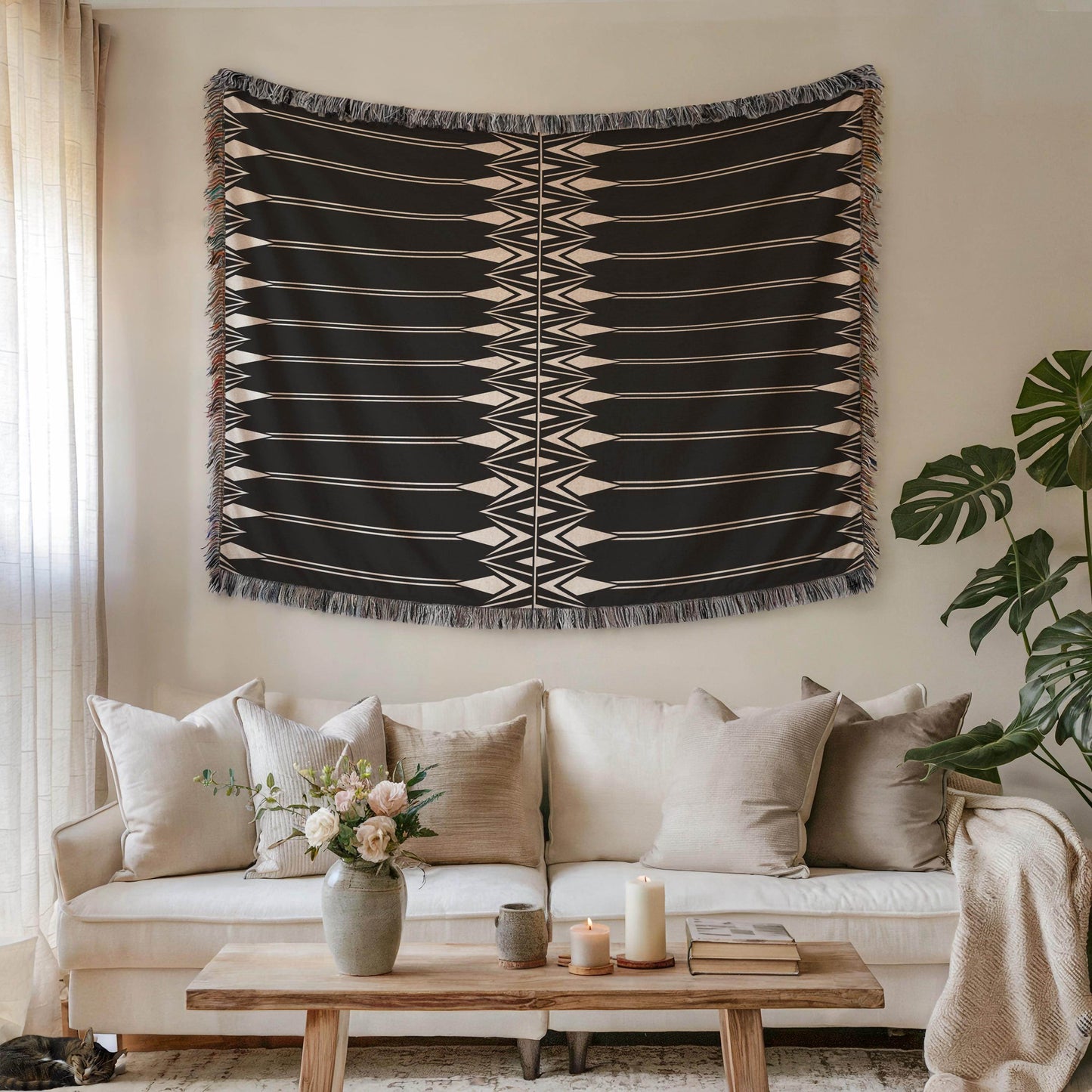 Black White Tapestry – Modern Wall Art Boho Hanging with Geometric Cotton Coverlet - timelessbohochic.com
