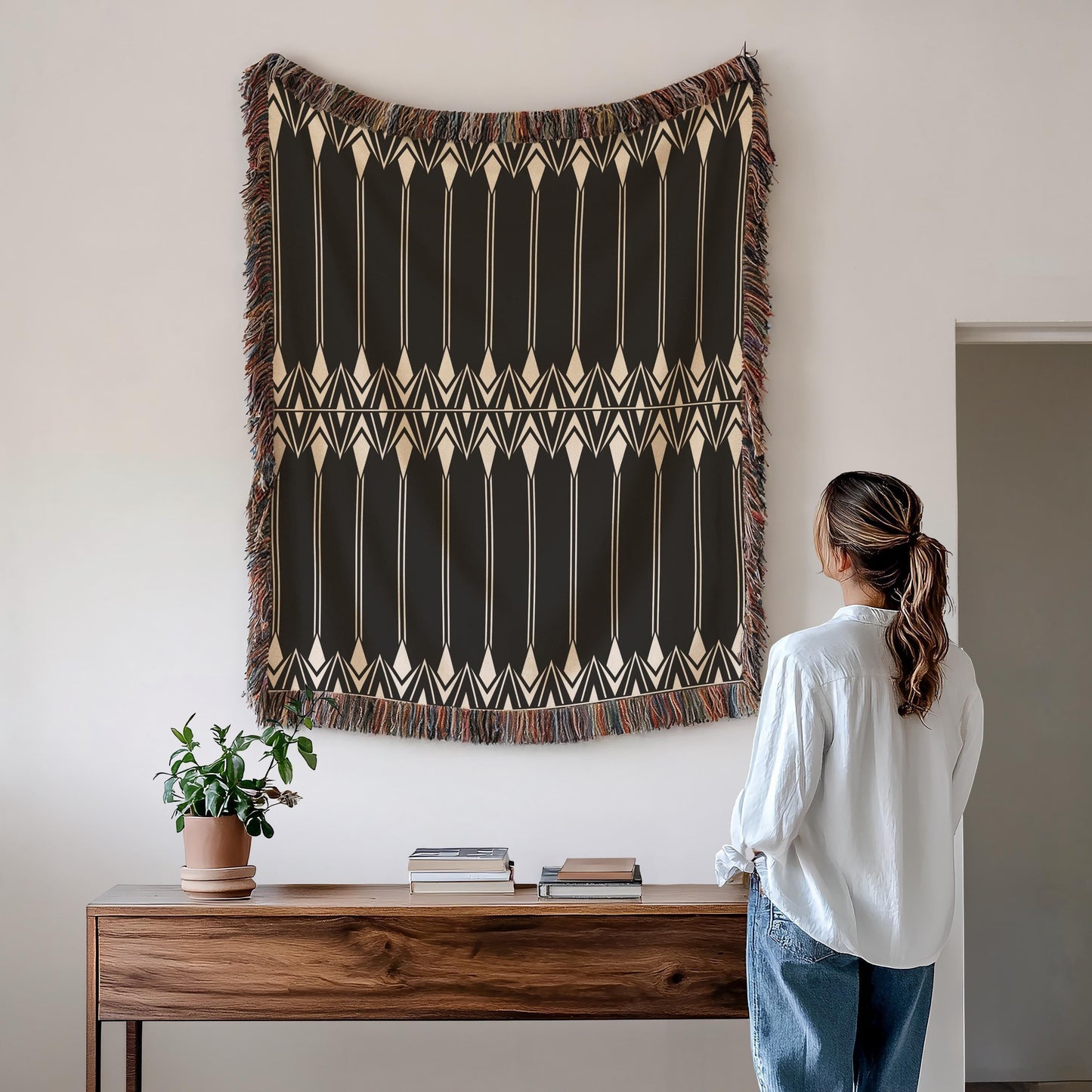 Black White Tapestry – Modern Wall Art Boho Hanging with Geometric Cotton Coverlet