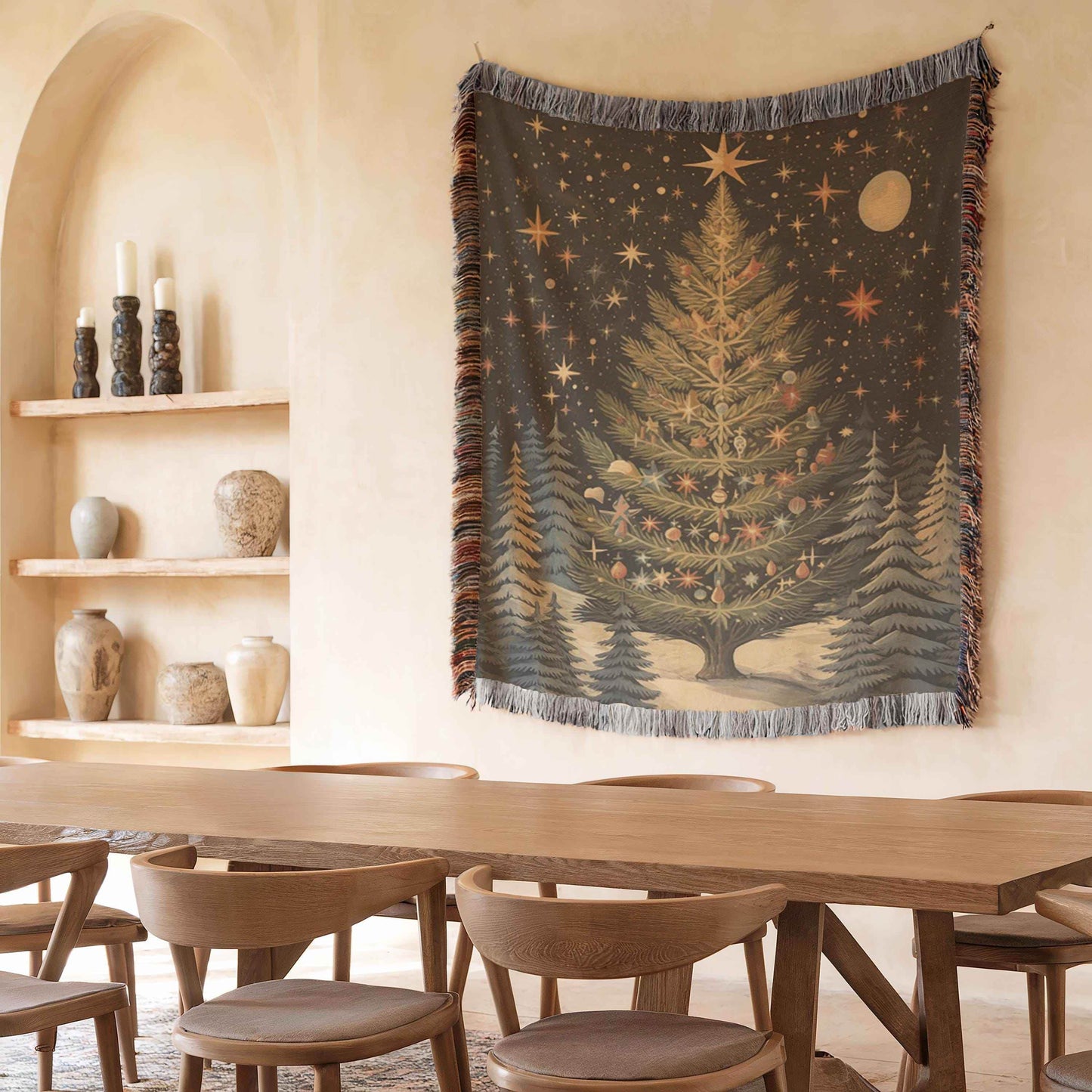 Christmas Tapestry Wall Hanging - Festive Forest Decor Woven Cotton Blanket - timelessbohochic.com
