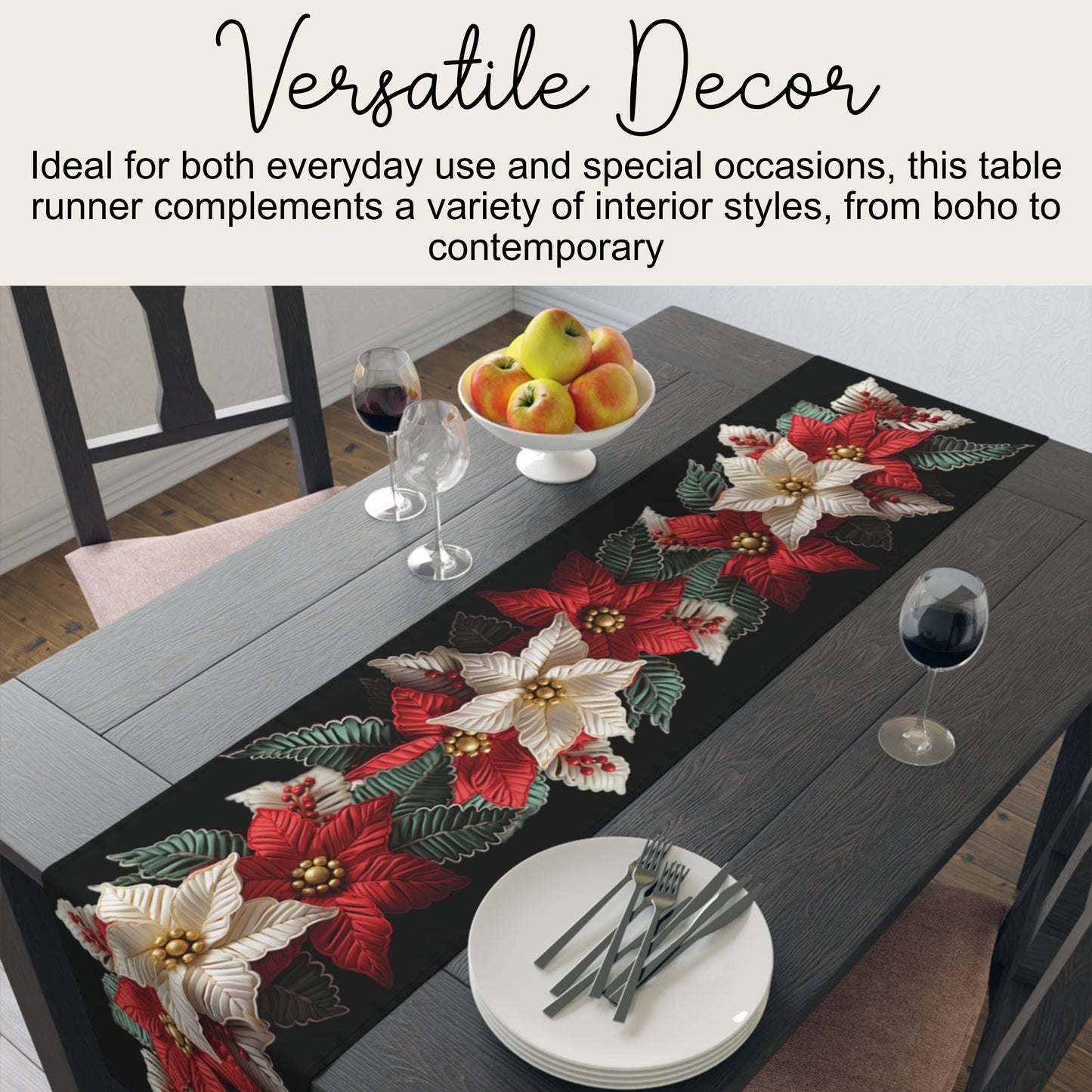Poinsettia Table Runner - Red Green Runner | Elegant Holiday Table Decor