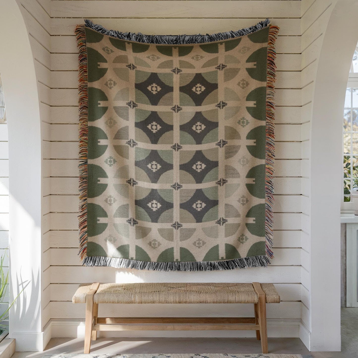 Woven Tapestry Wall Hanging - Mid Century Modern Green Beige Geometric Textile Art