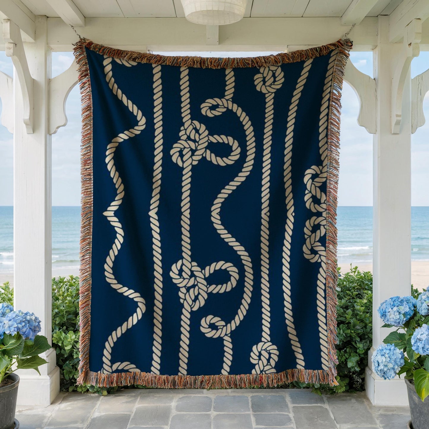 Marine Woven Blanket – Nautical Cord Throw With Colorful Fringed Edges