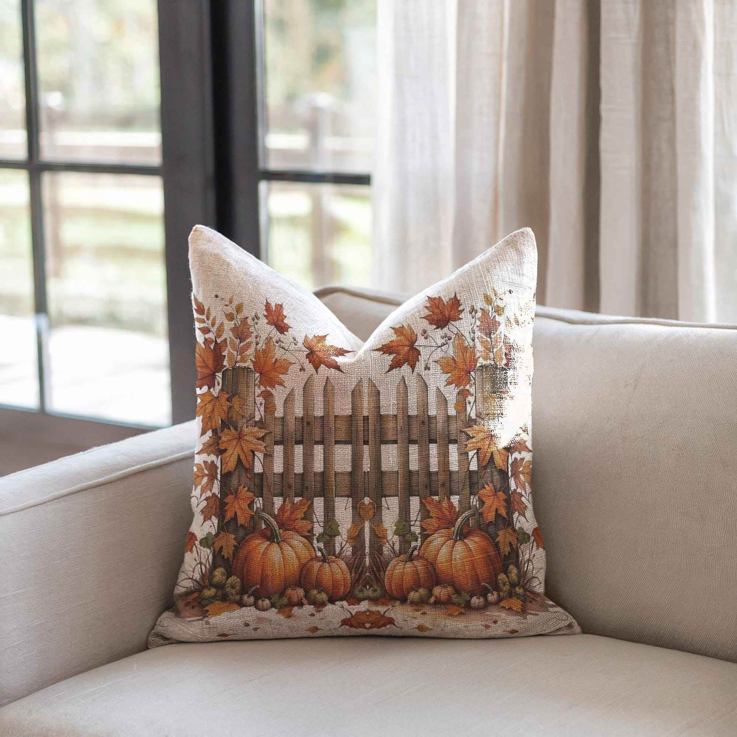 Rustic Autumn Pillow - Woven Cotton Pillow | Pumpkin Leaf Design Cushion - timelessbohochic.com