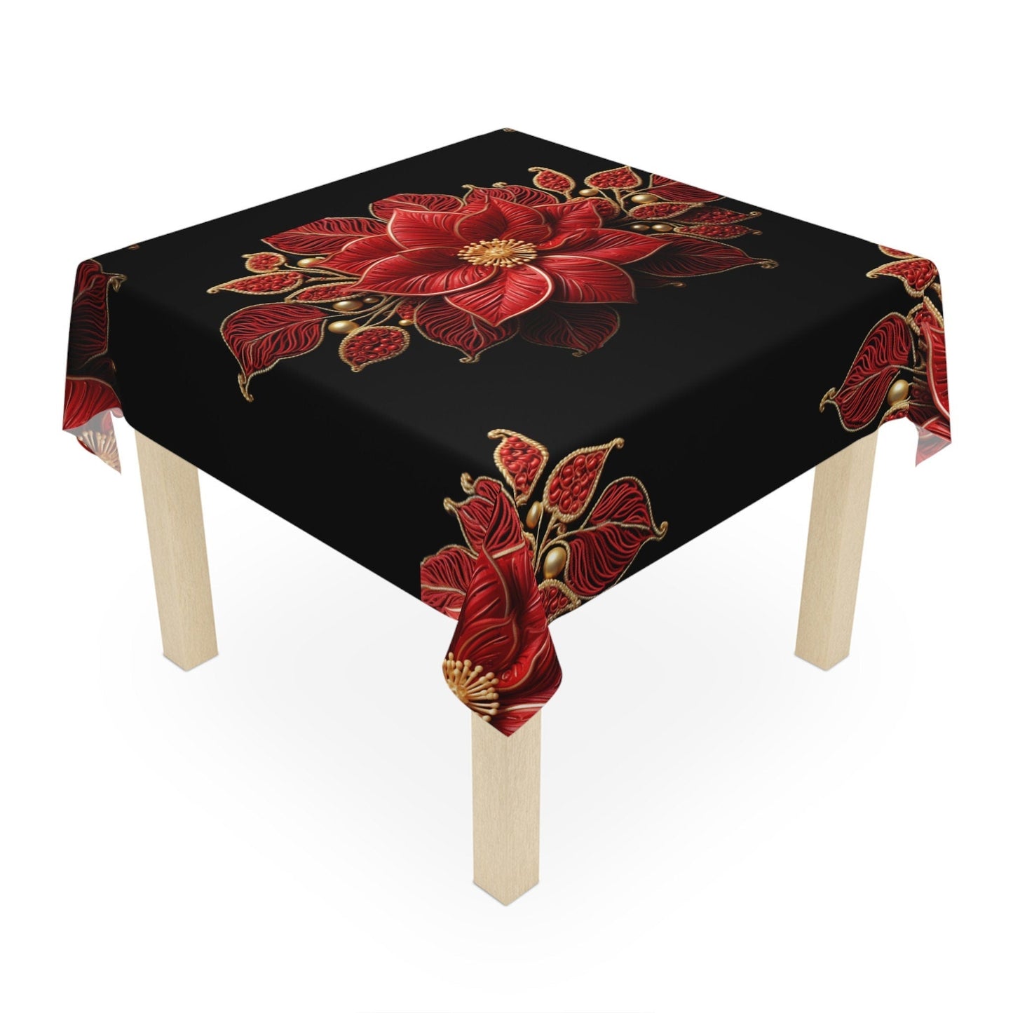 Poinsettia Tablecloth – Elegant Red and Gold Christmas Table Cover | Luxury Holiday Decor
