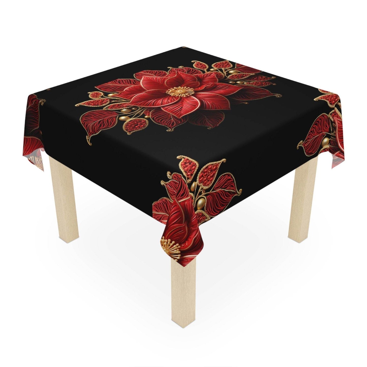 Poinsettia Tablecloth – Elegant Red and Gold Christmas Table Cover | Luxury Holiday Decor - timelessbohochic.com